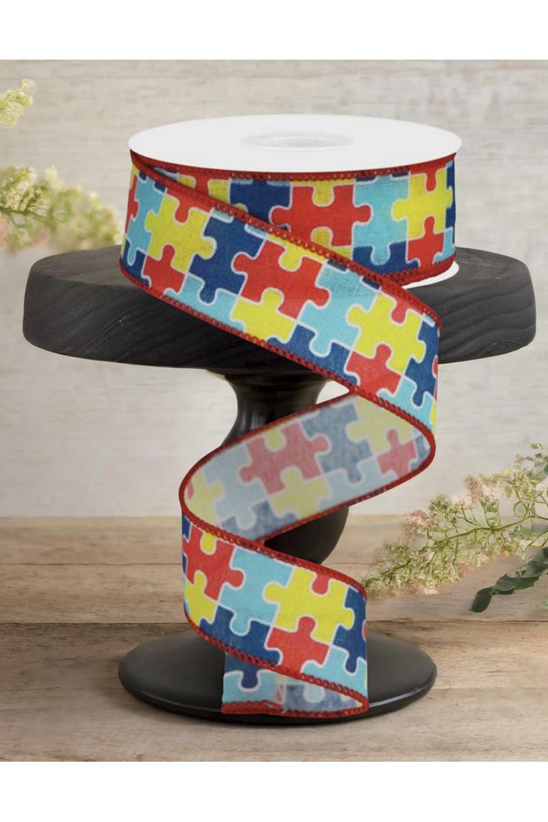 Shop For 1.5" Puzzle Piece Ribbon on Royal: Autism Awareness (10 Yards)