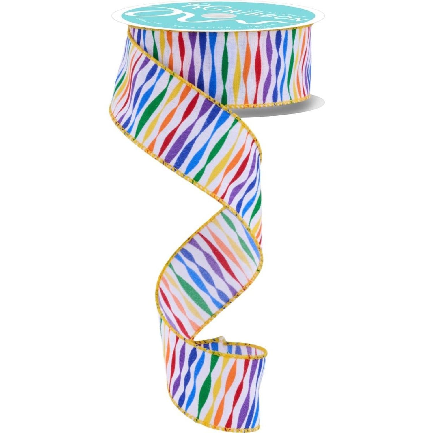 1.5" Rainbow Twisted Stripe Ribbon: White (10 Yards)