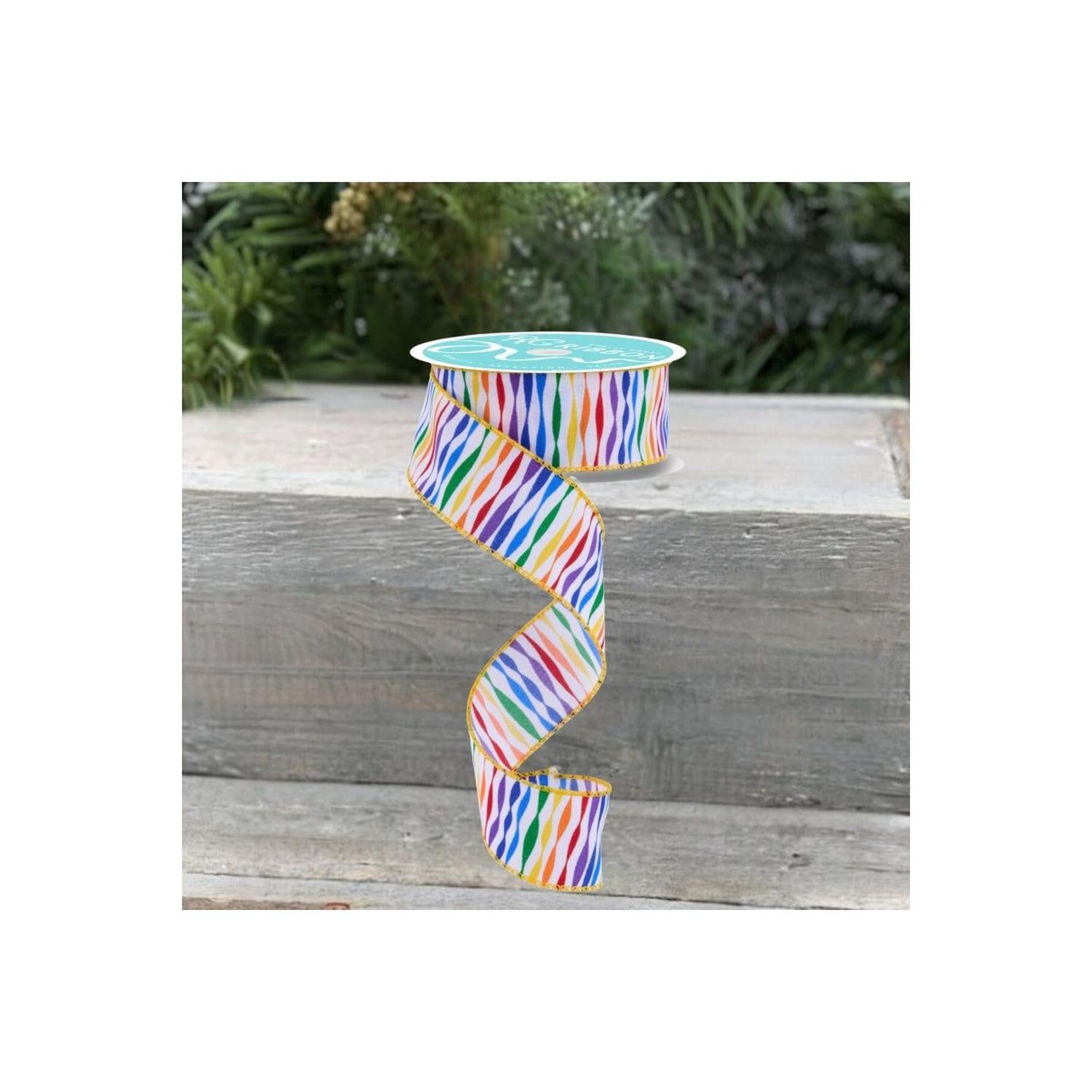 1.5" Rainbow Twisted Stripe Ribbon: White (10 Yards)