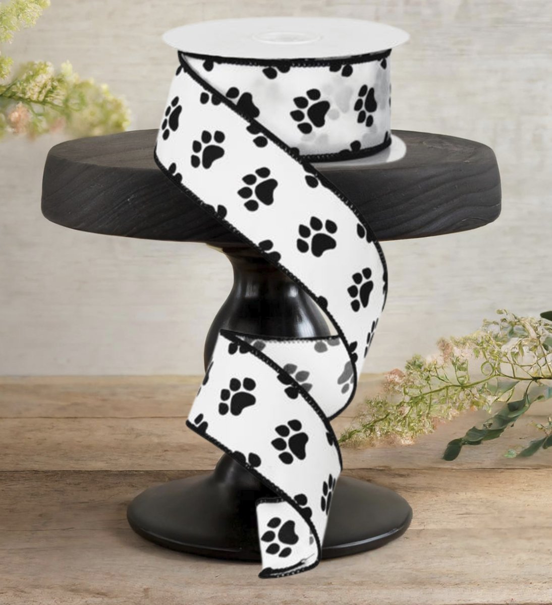 Shop For 1.5" Satin Paw Print Ribbon: Black & White (10 Yards)