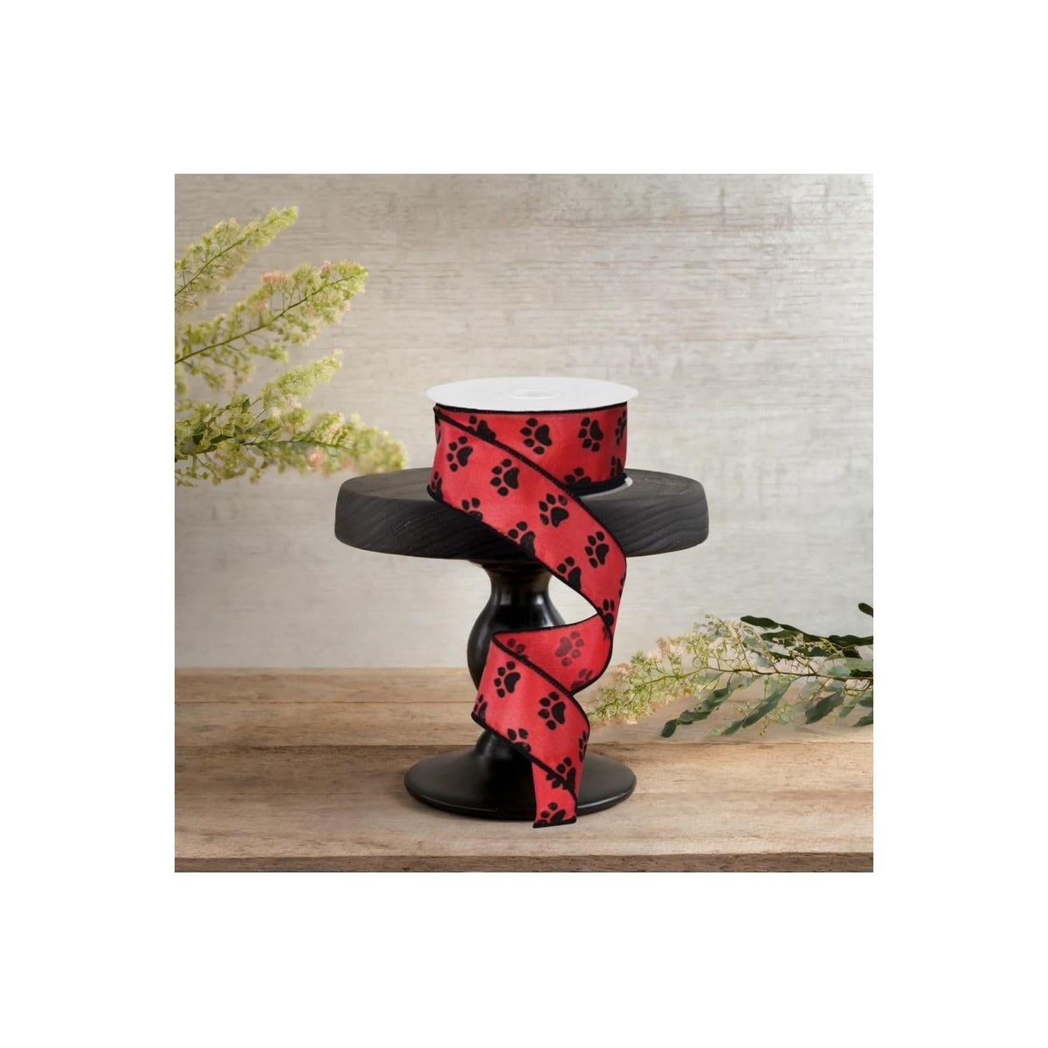 1.5" Satin Paw Print Ribbon: Red & Black (10 Yards)