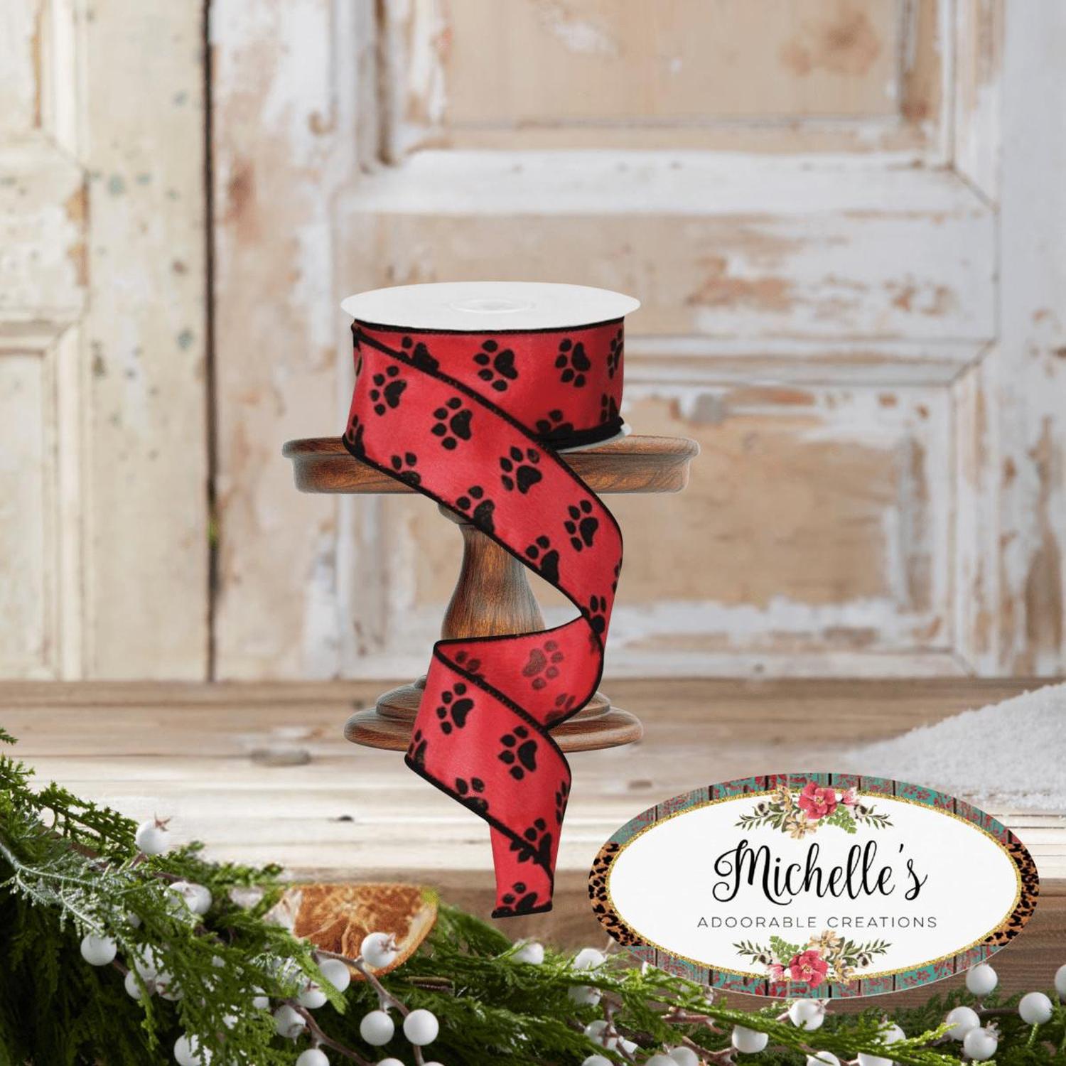 1.5" Satin Paw Print Ribbon: Red & Black (10 Yards)