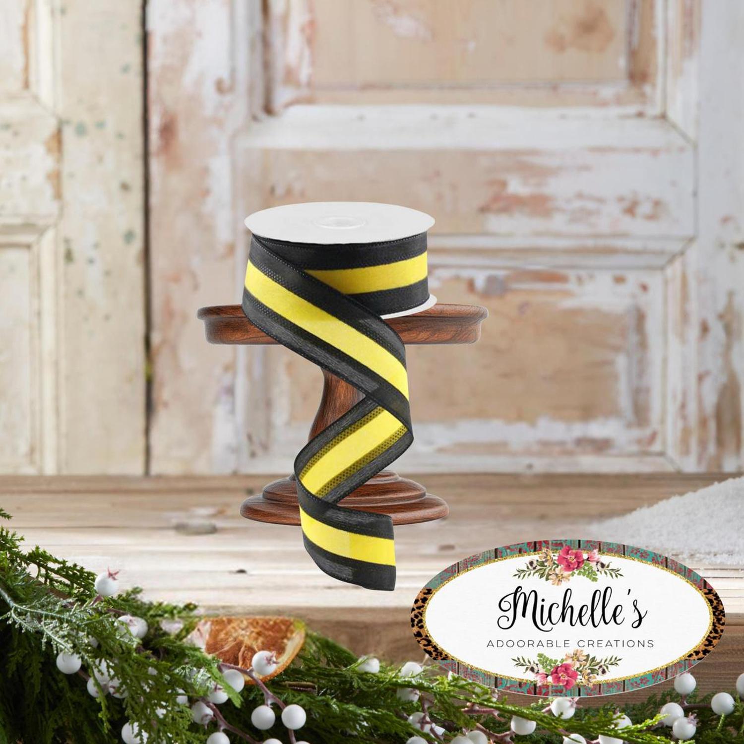 1.5" Satin Team Stripe Ribbon: Yellow & Black (10 Yards)