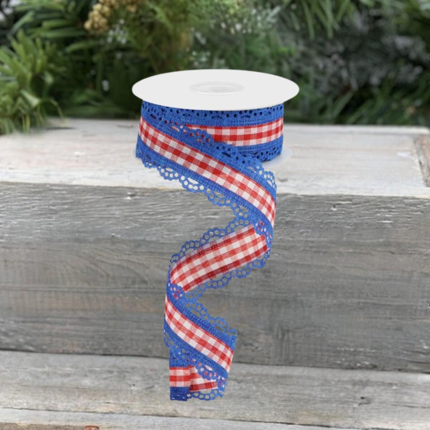 1.5" Scalloped Edge Gingham Ribbon: Red, White & Blue (10 Yard)