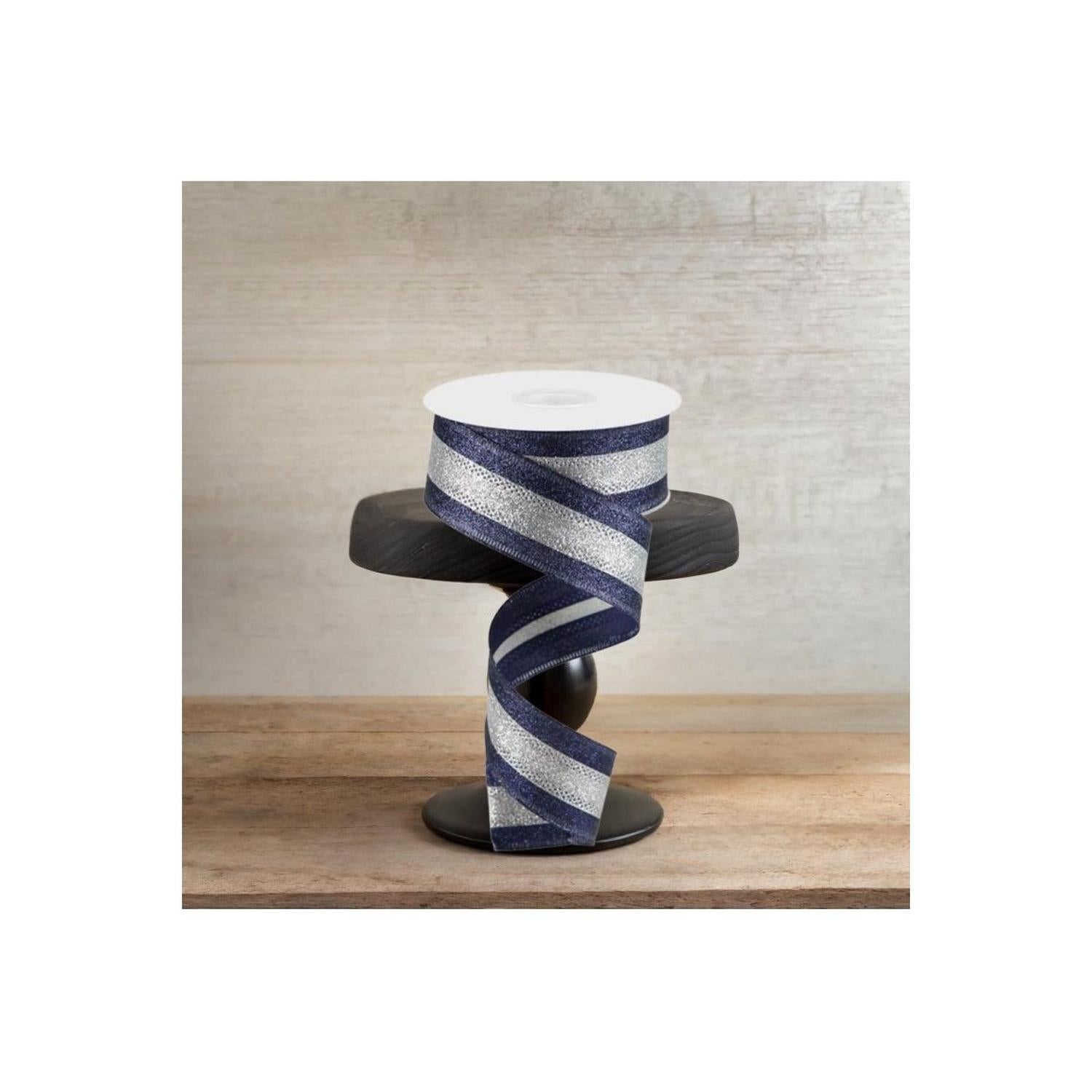 Shop For 1.5" Shimmer Glitter Stripe Ribbon: Silver/Navy Blue (10 Yards)