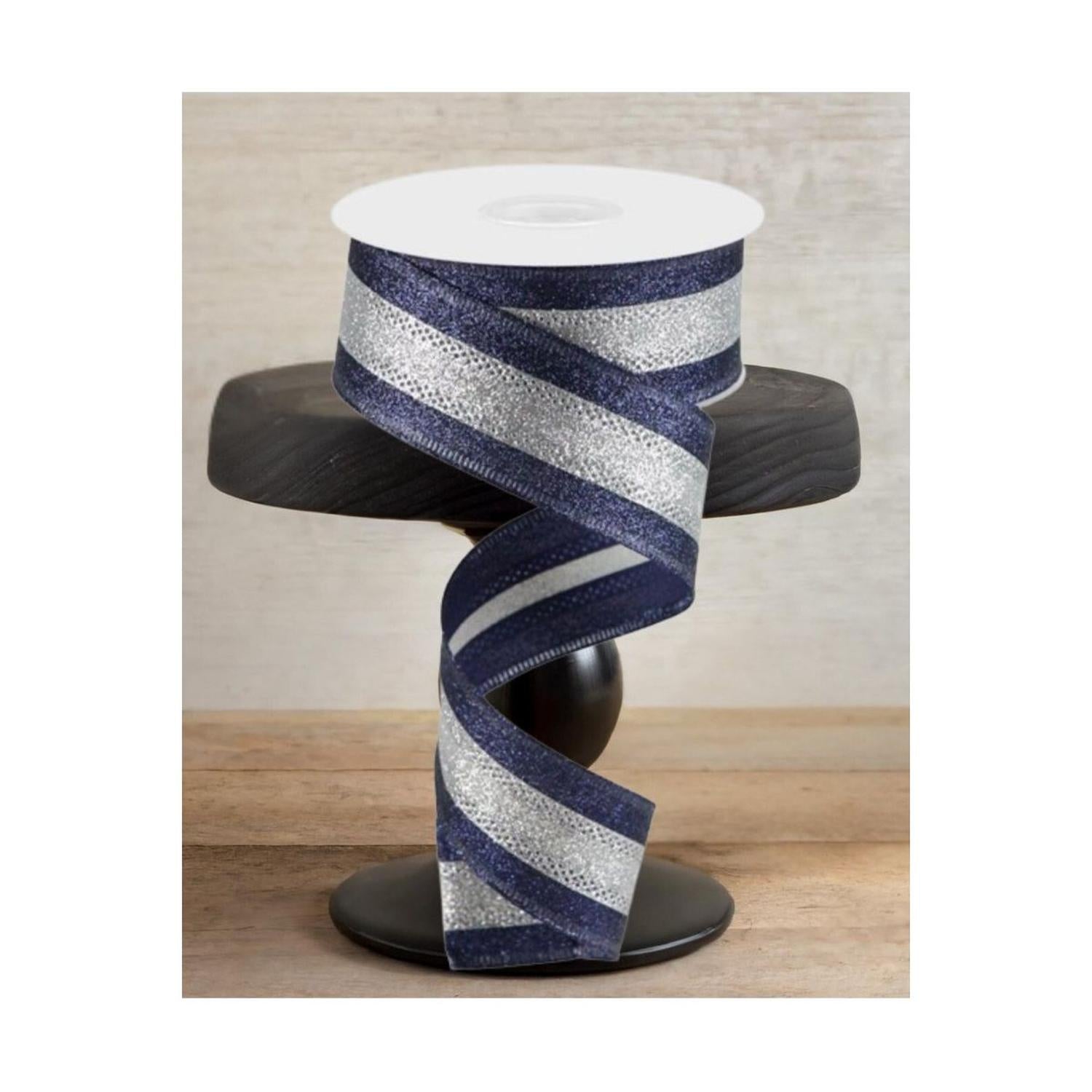 1.5" Shimmer Glitter Stripe Ribbon: Silver/Navy Blue (10 Yards)