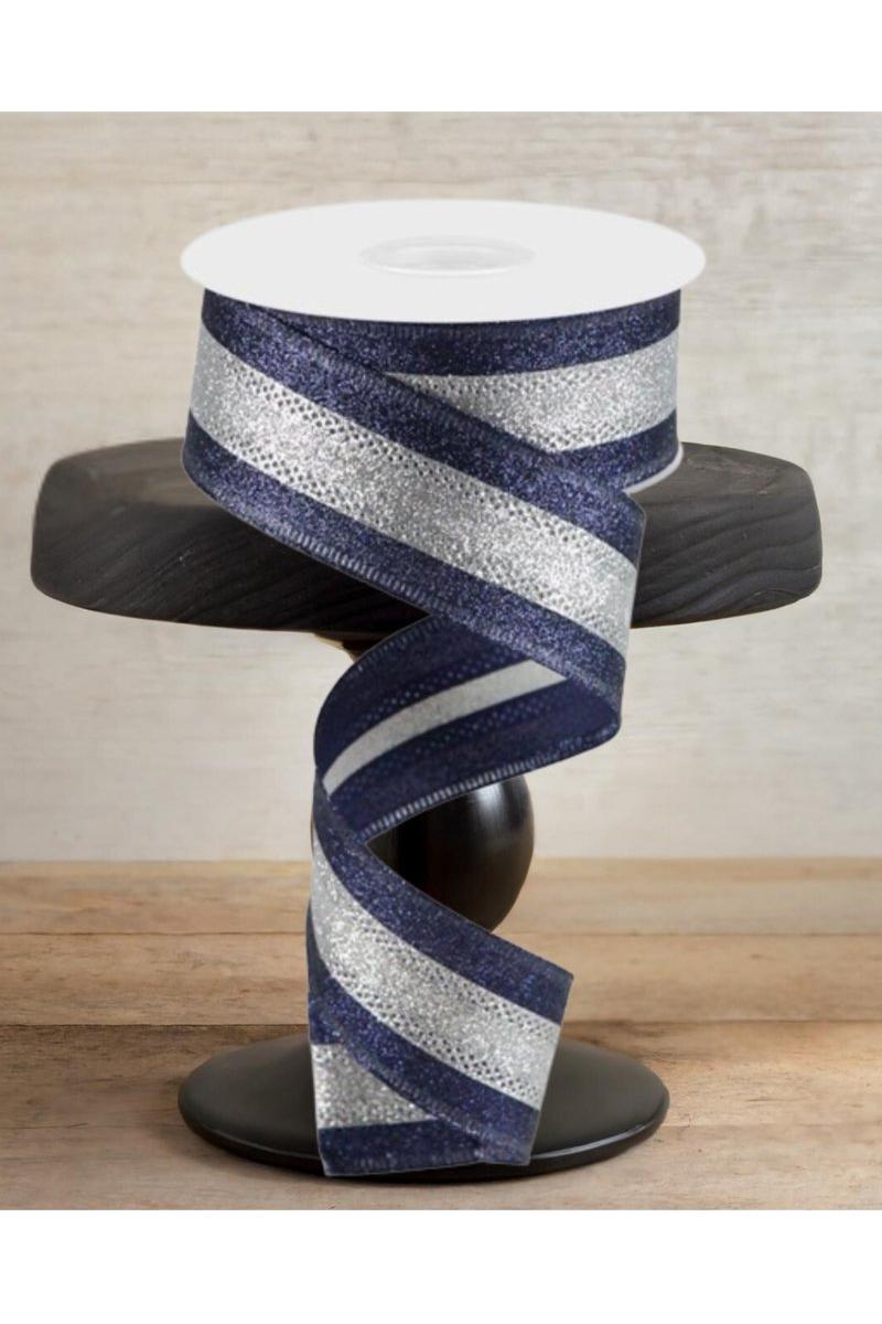 Shop For 1.5" Shimmer Glitter Stripe Ribbon: Silver/Navy Blue (10 Yards)