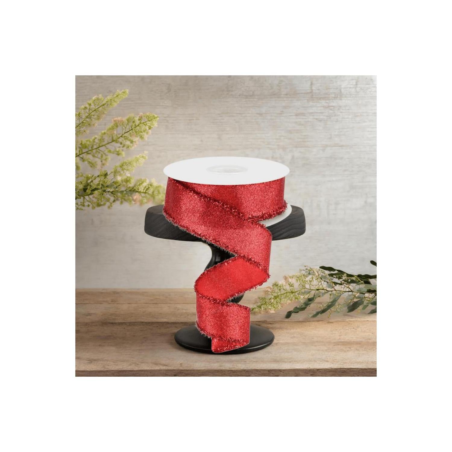 1.5" Shimmer Glitter Tinsel Ribbon: Red (10 Yards)