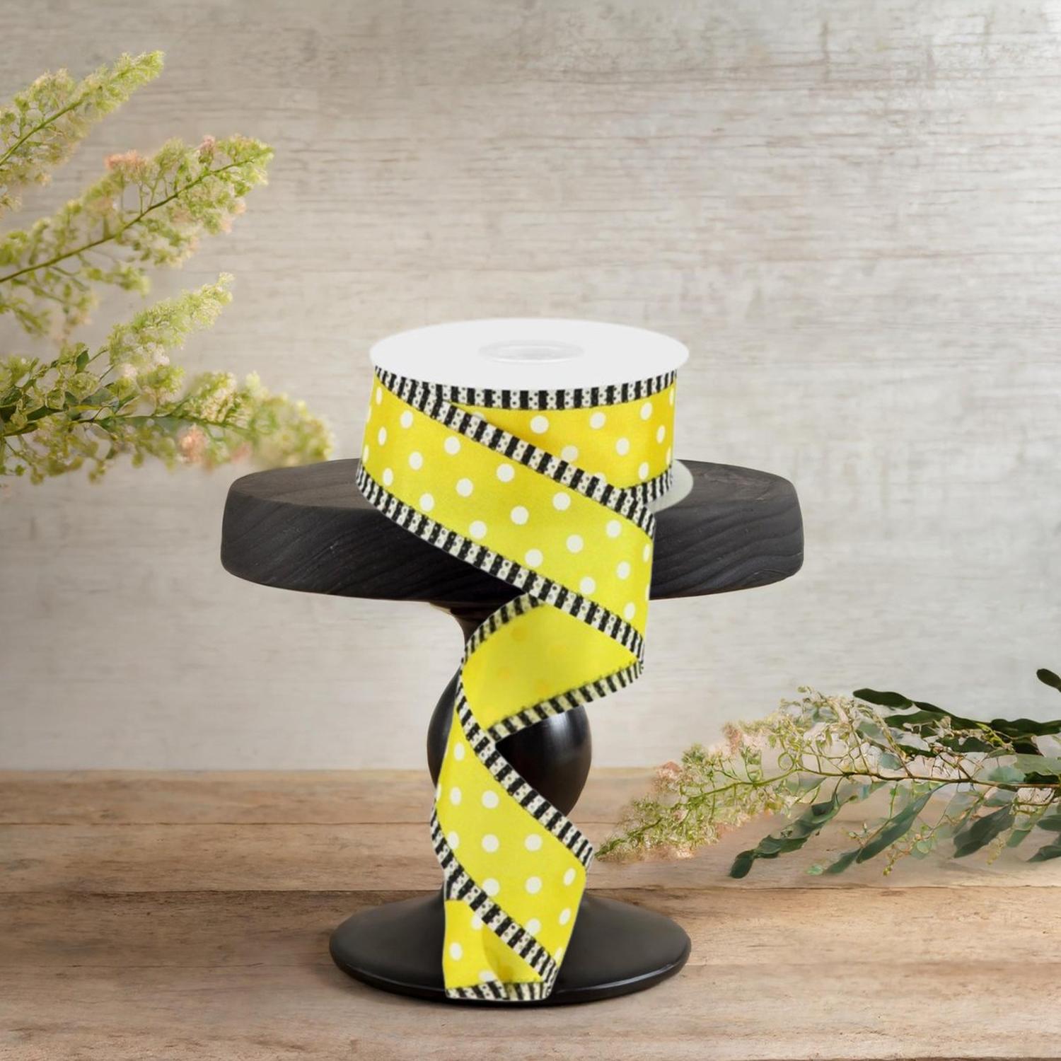 1.5" Small Polka Dot Stripe Ribbon: Yellow/White (10 Yards)