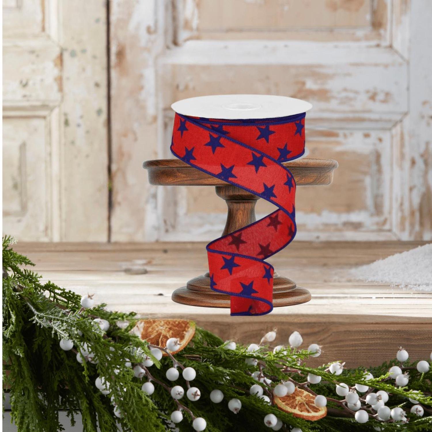 1.5" Stars on Royal Ribbon: Red (10 Yards)