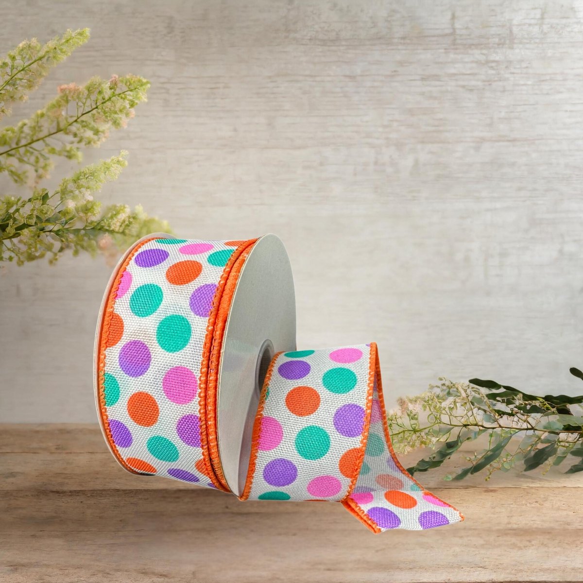 Shop For 1.5" Stiff Linen Polka Dot Ribbon: Multi (10 Yards)