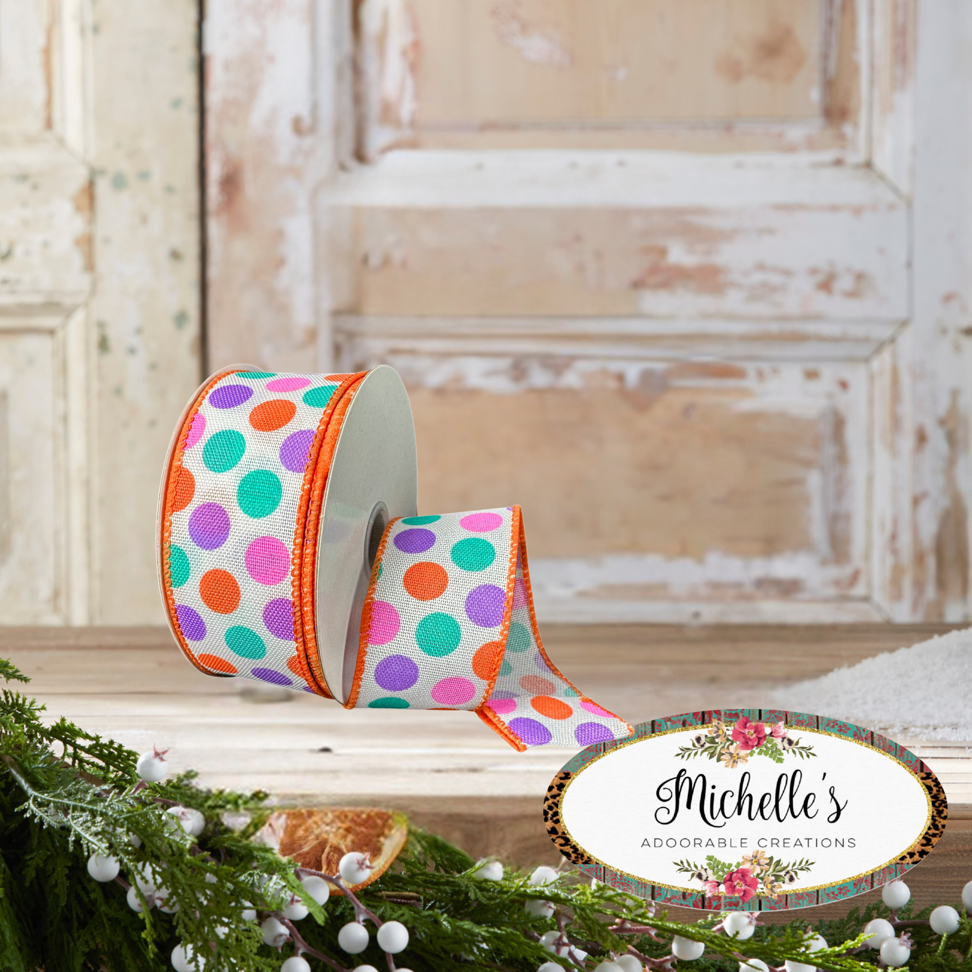 Shop For 1.5" Stiff Linen Polka Dot Ribbon: Multi (10 Yards)