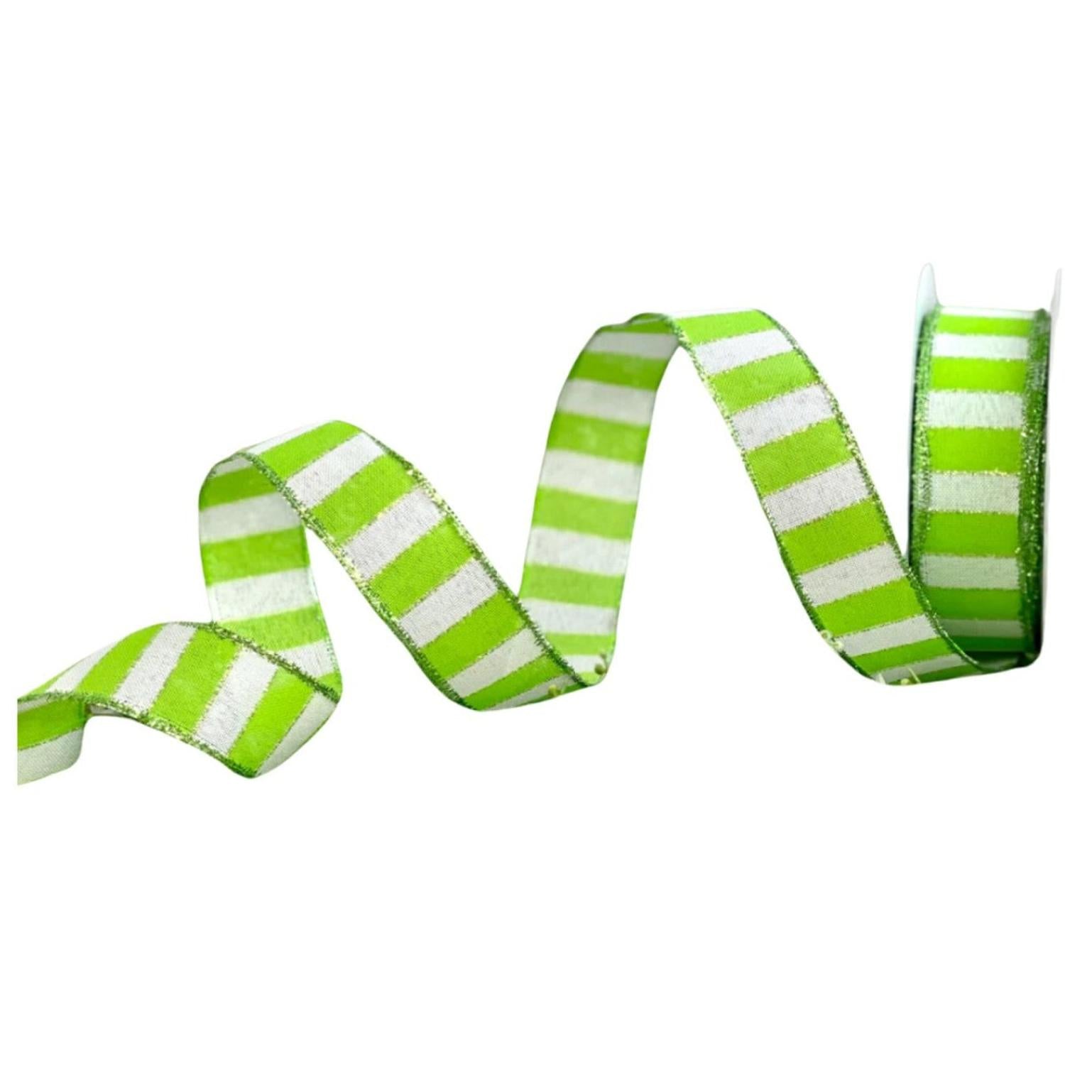 1.5" Stripe Tinsel Edge Ribbon: Lime & White (10 Yards)