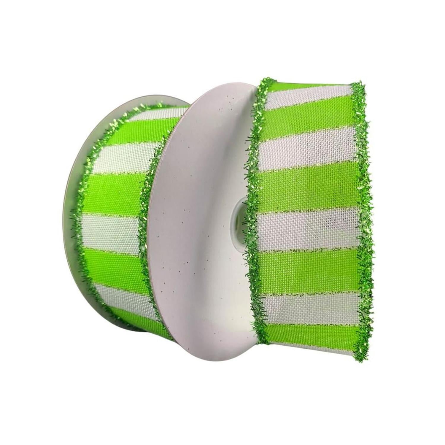 1.5" Stripe Tinsel Edge Ribbon: Lime & White (10 Yards)