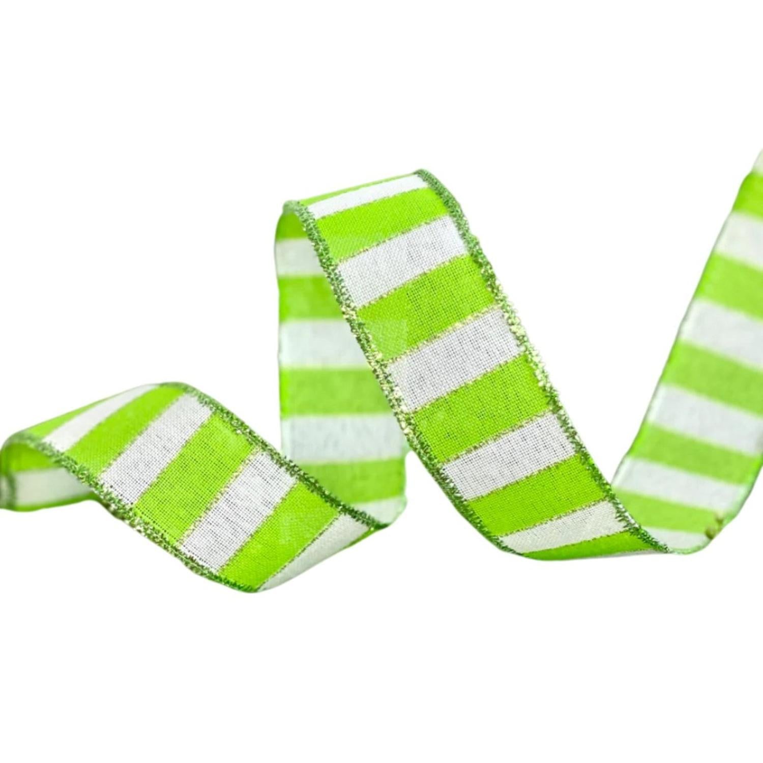 Shop For 1.5" Stripe Tinsel Edge Ribbon: Lime & White (10 Yards) at Michelle's aDOORable Creations
