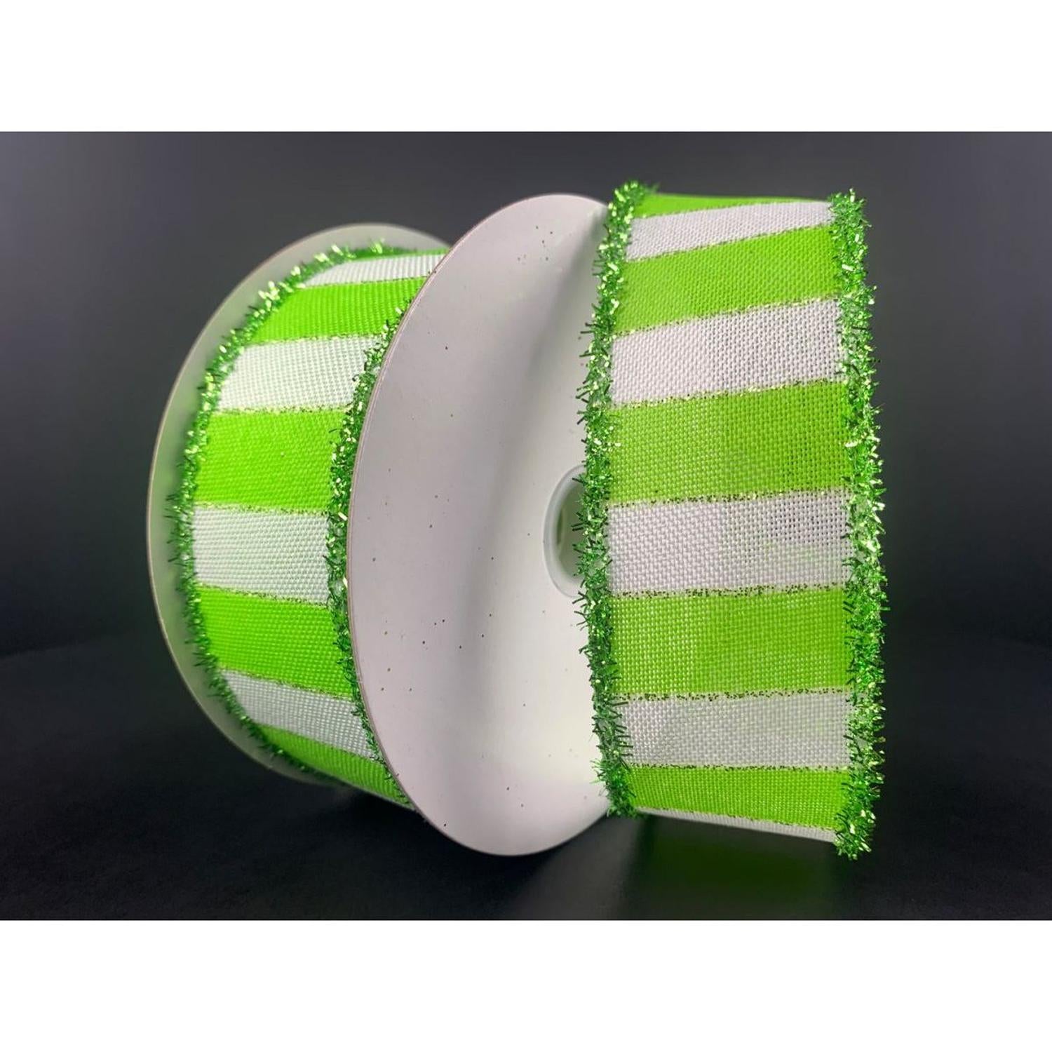 1.5" Stripe Tinsel Edge Ribbon: Lime & White (10 Yards)