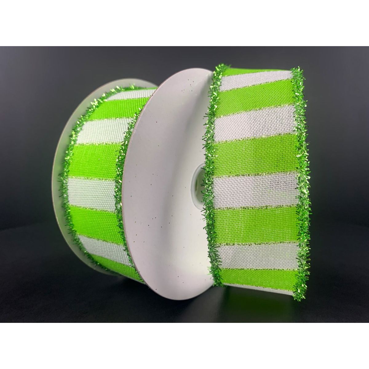 Shop For 1.5" Stripe Tinsel Edge Ribbon: Lime & White (10 Yards) at Michelle's aDOORable Creations