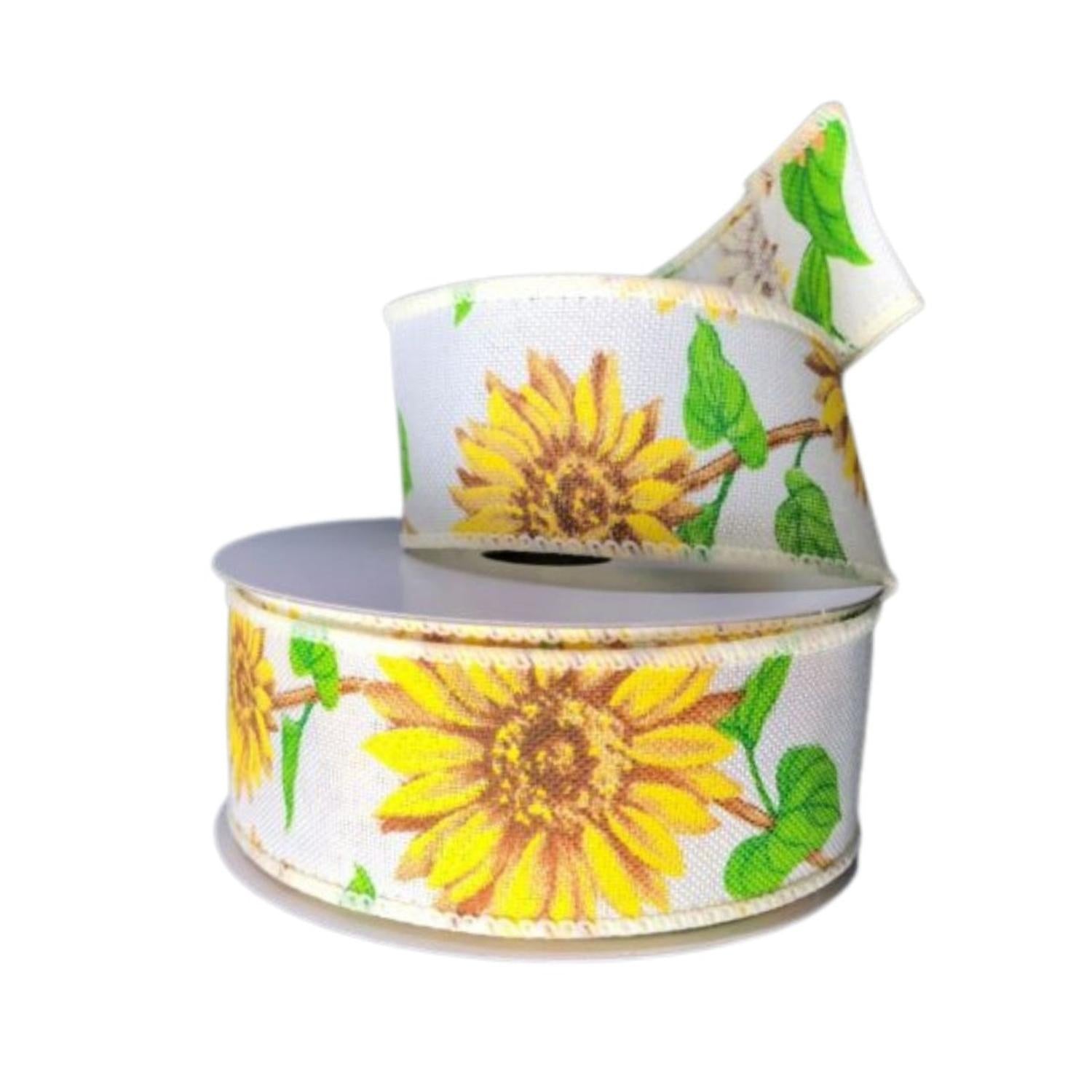 1.5" Sunflowers Linen Ribbon: Ivory (10 Yards)