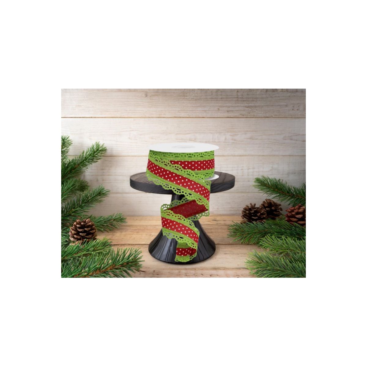 Shop For 1.5" Swiss Dots Lace Edge Ribbon: Red/Lime Green (10 Yards) at Michelle's aDOORable Creations