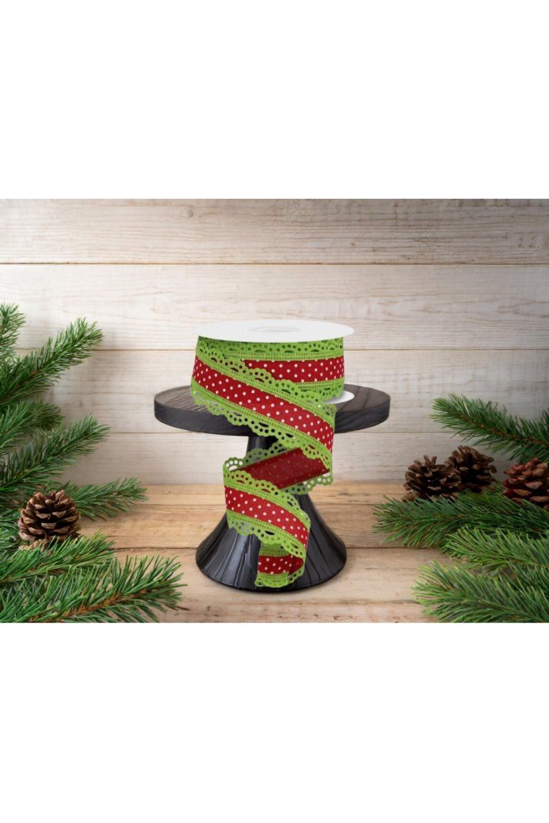 Shop For 1.5" Swiss Dots Lace Edge Ribbon: Red/Lime Green (10 Yards) at Michelle's aDOORable Creations