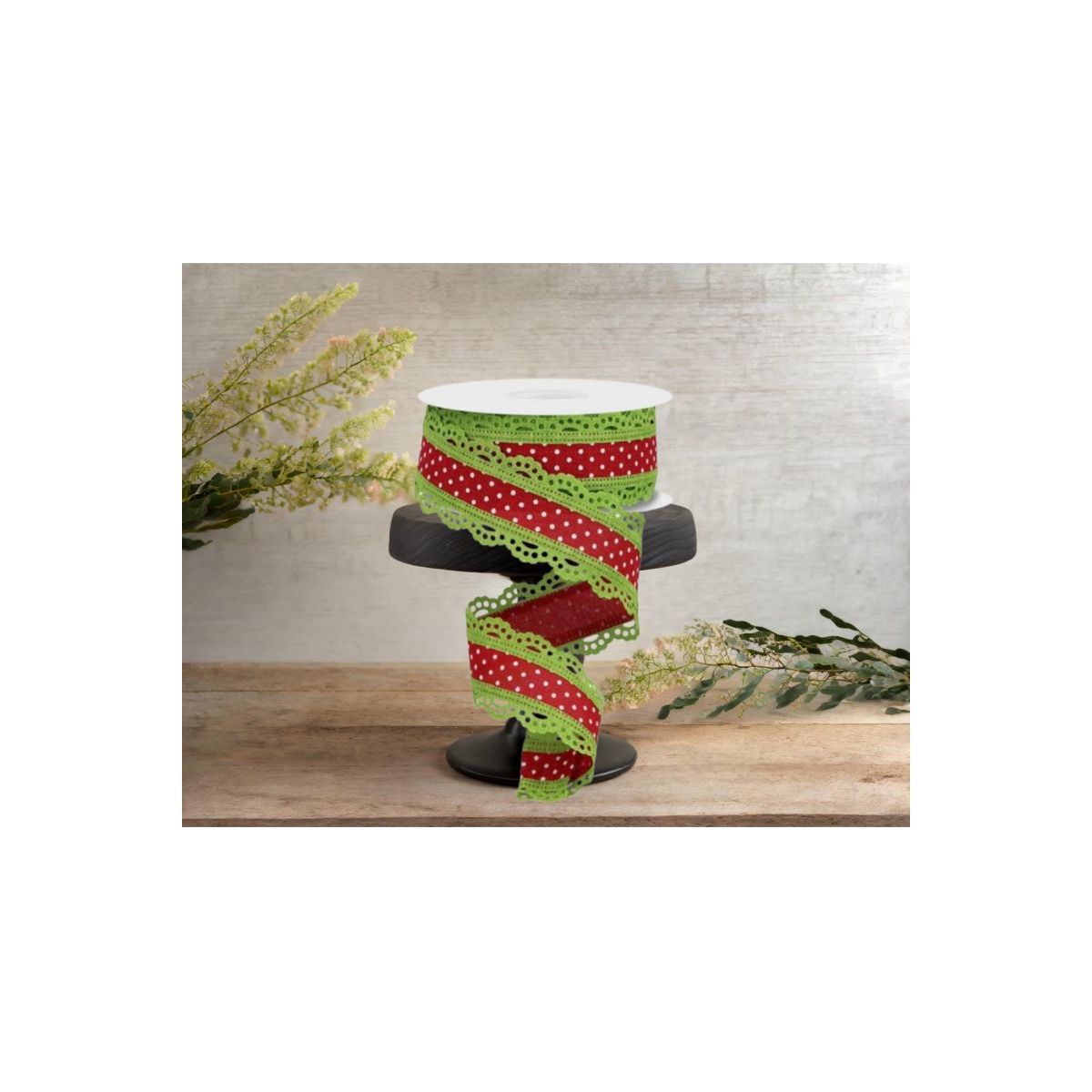 Shop For 1.5" Swiss Dots Lace Edge Ribbon: Red/Lime Green (10 Yards) at Michelle's aDOORable Creations