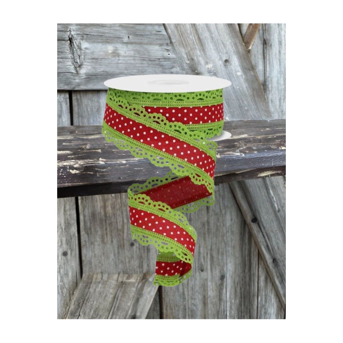Shop For 1.5" Swiss Dots Lace Edge Ribbon: Red/Lime Green (10 Yards) at Michelle's aDOORable Creations