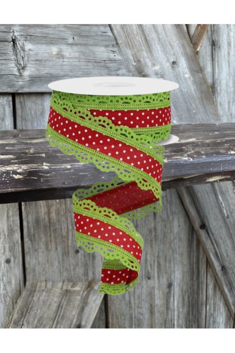 Shop For 1.5" Swiss Dots Lace Edge Ribbon: Red/Lime Green (10 Yards) at Michelle's aDOORable Creations