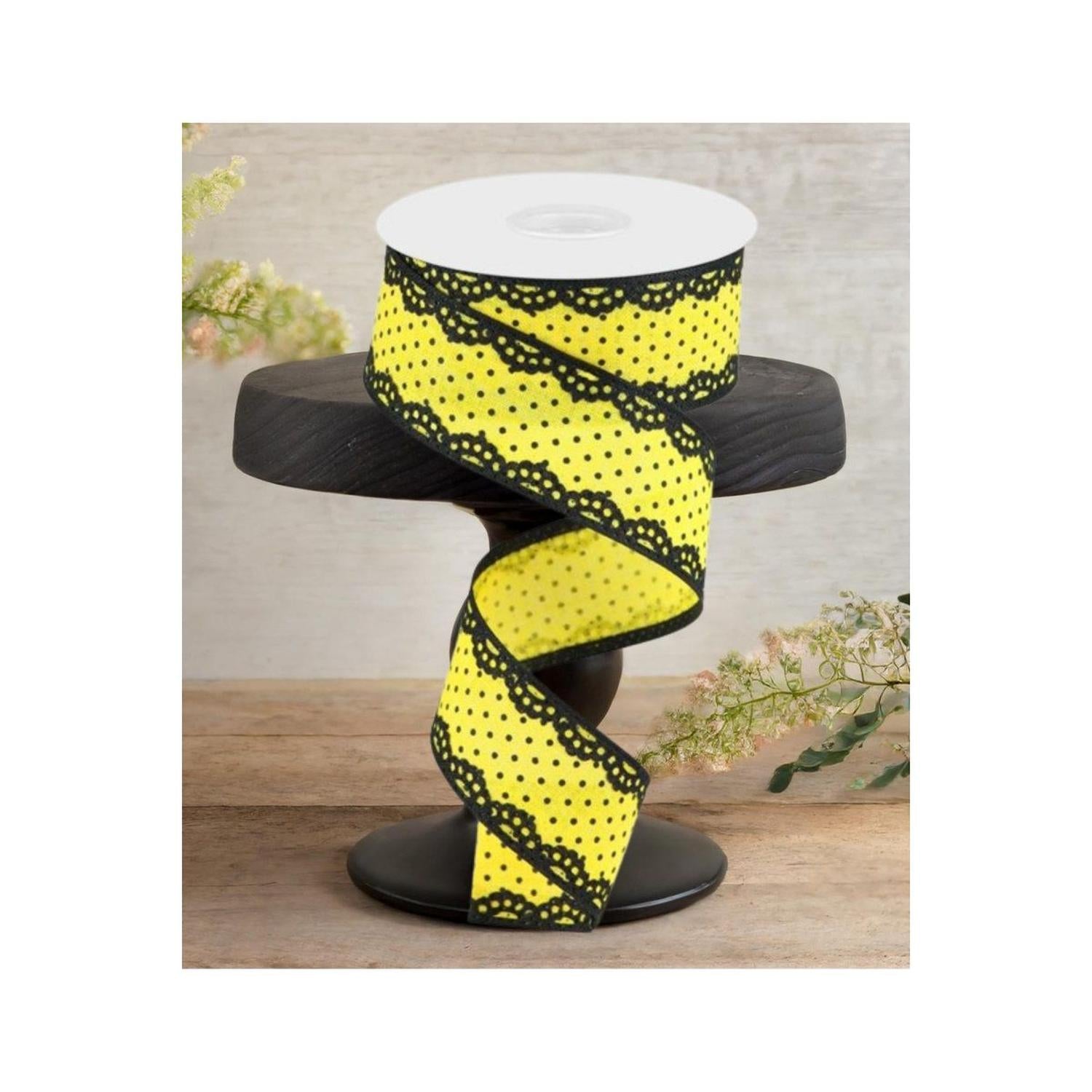 1.5" Swiss Dots Lace Edge Ribbon: Yellow (10 Yards)