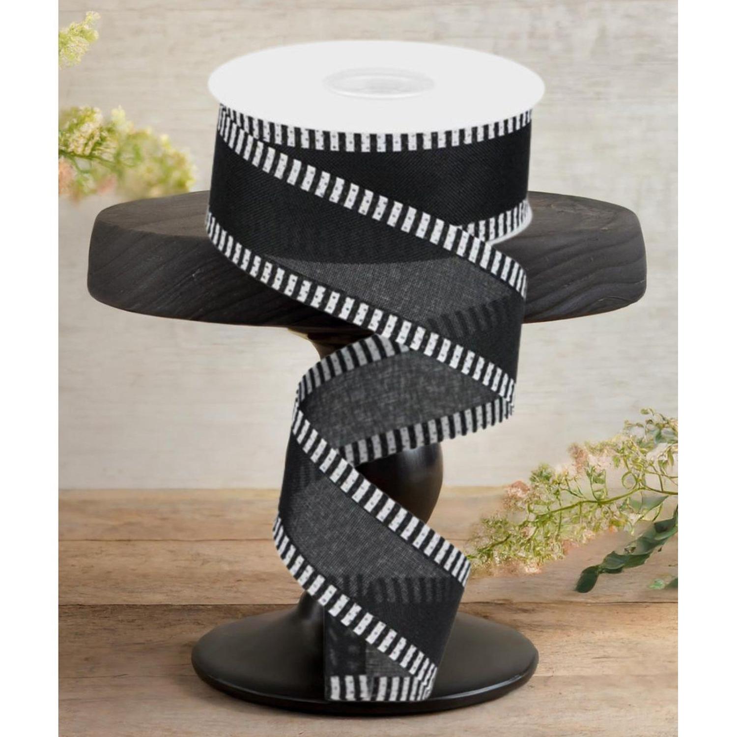 1.5" Thin Stripe Edge Royal Ribbon: Black (10 Yards)