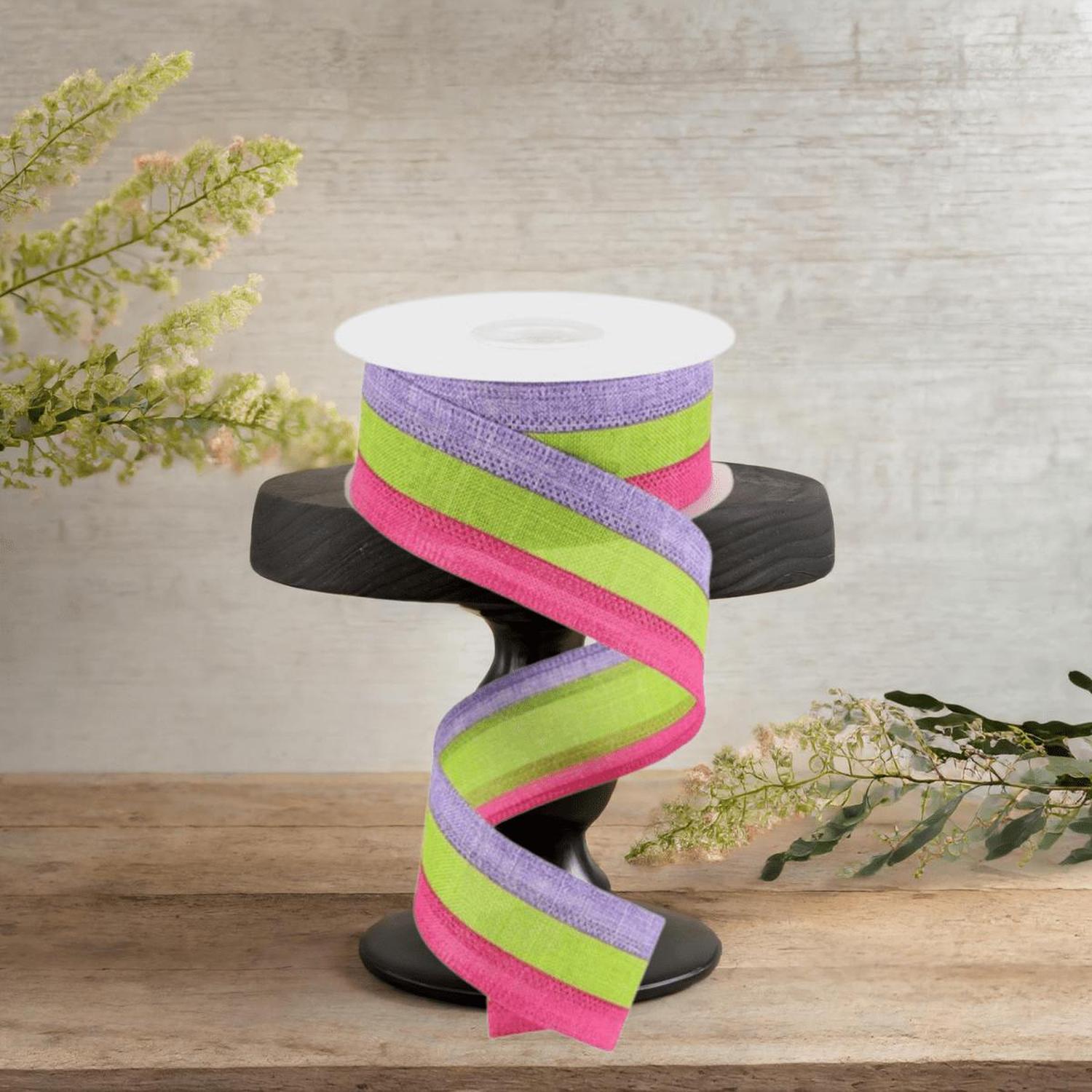 1.5" Tricolor Striped Ribbon: Lavender, Fuchsia, & Lime Green (10 Yards)