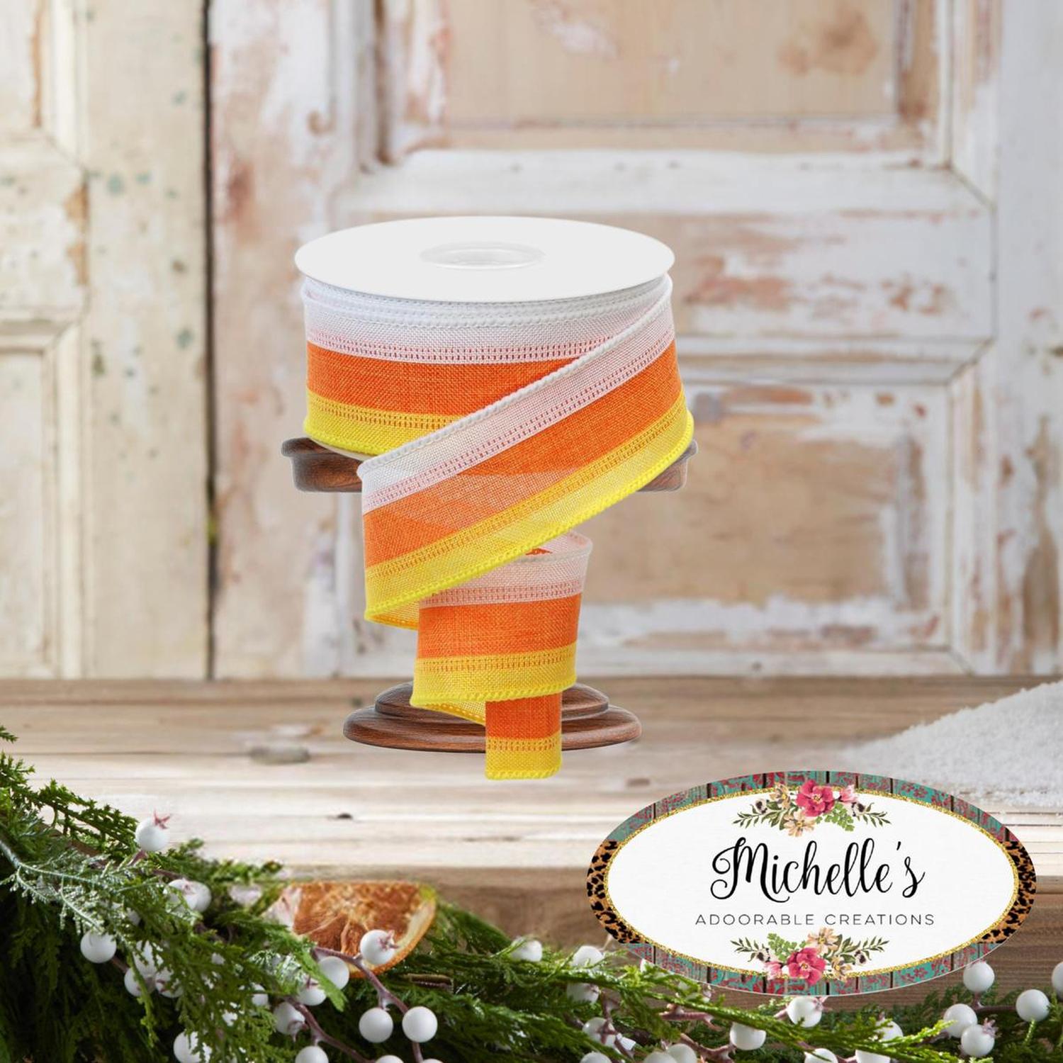 1.5" Tricolor Striped Ribbon: Orange/White, Yellow (10 Yards)