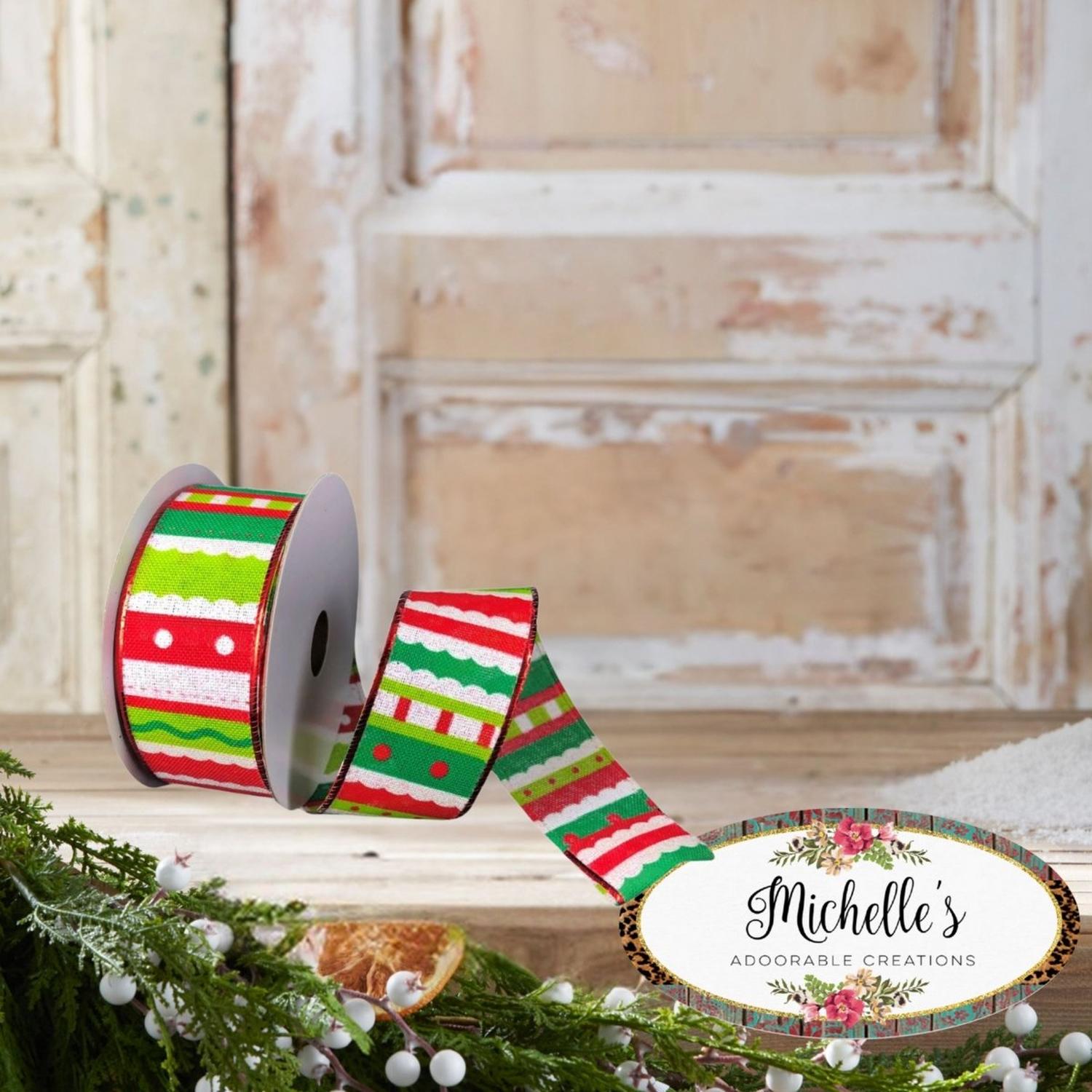 1.5" Whimsy Stripe Ribbon: Lime, Red, White (10 Yards)