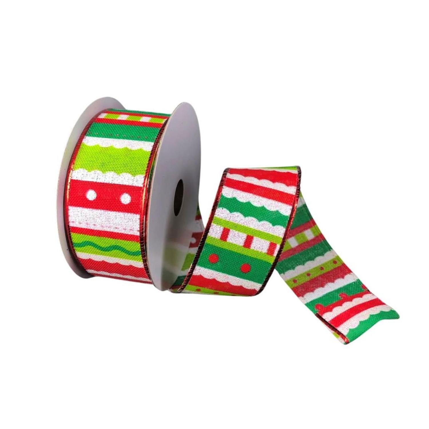 1.5" Whimsy Stripe Ribbon: Lime, Red, White (10 Yards)