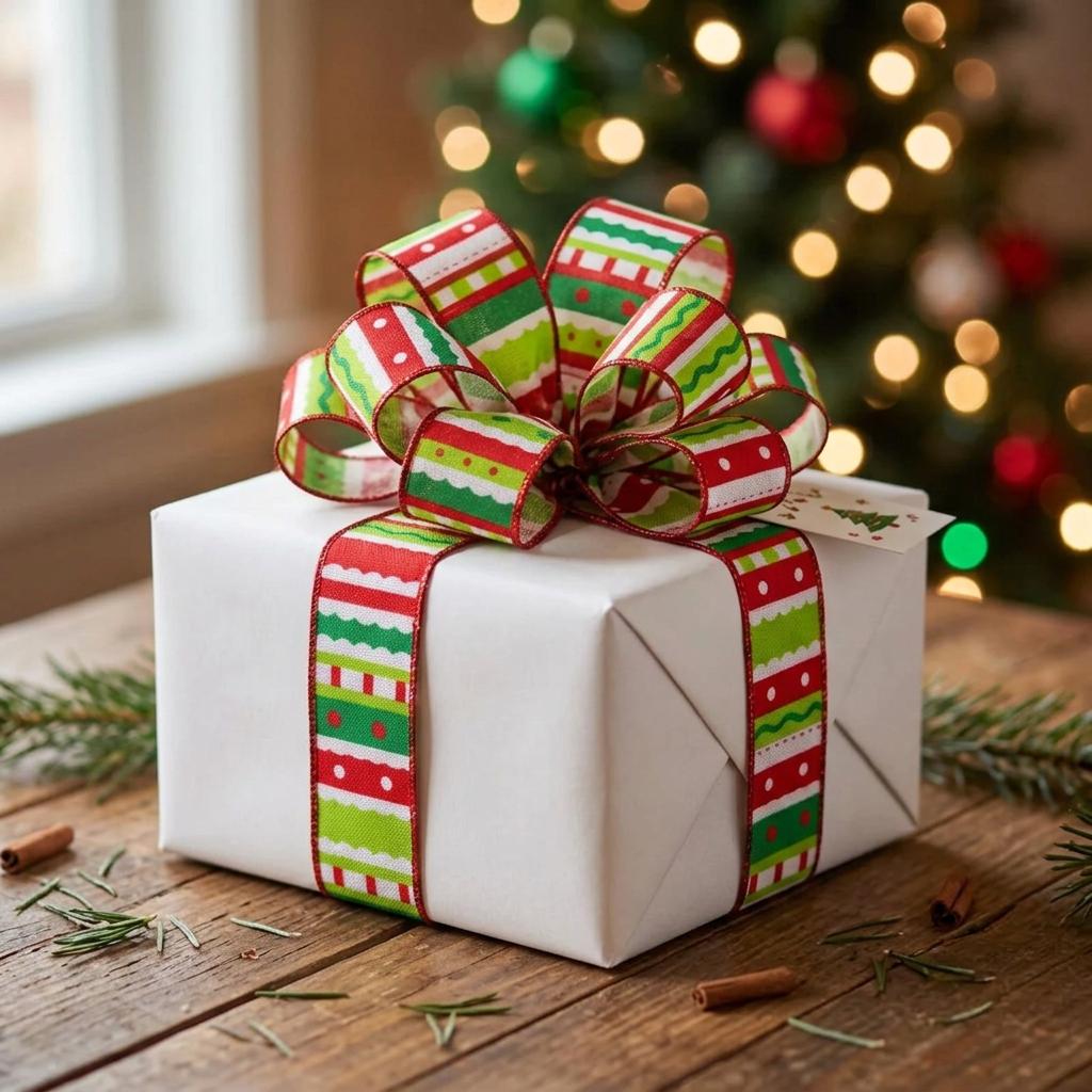 White gift box tied with colorful striped ribbon bow for Christmas decor
