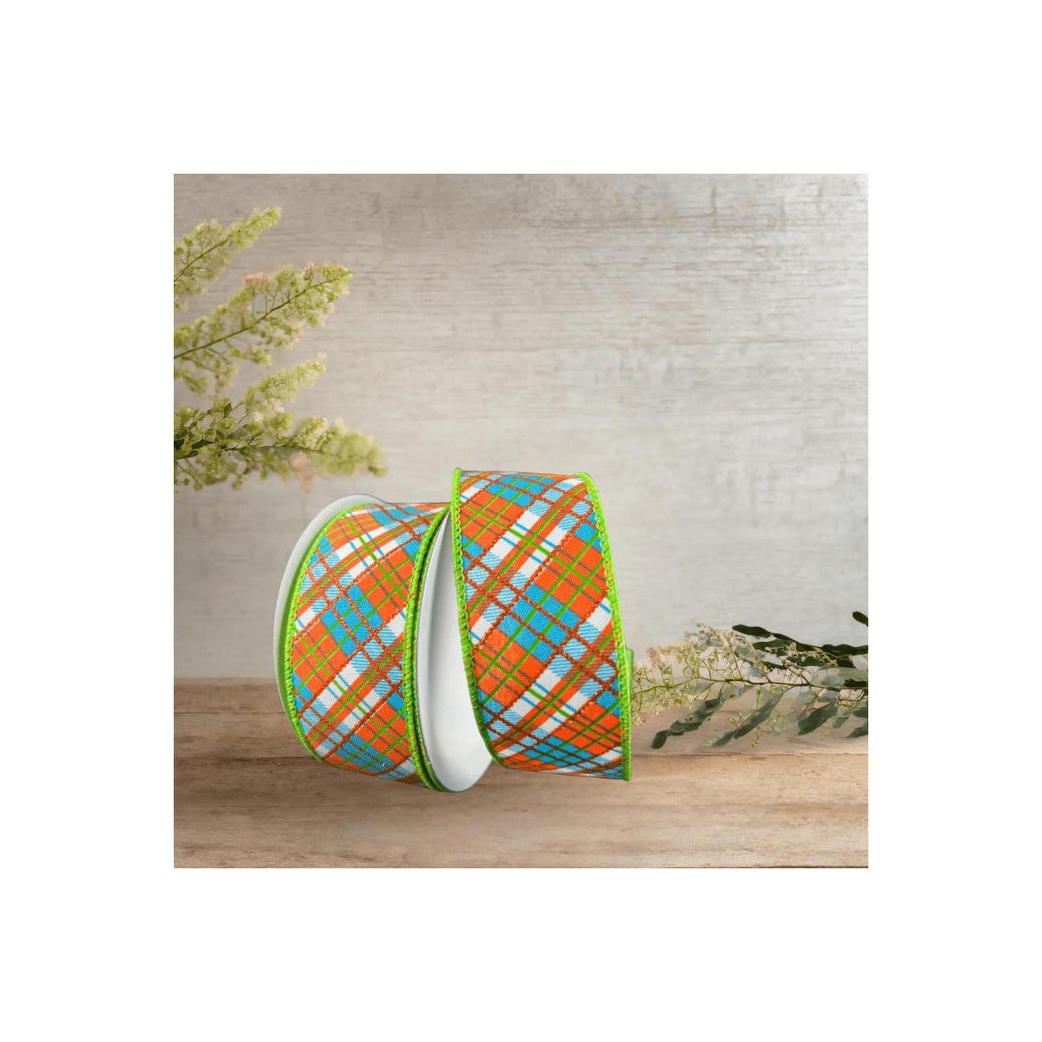 1.5" White Satin Busy Plaid Ribbon: Teal, Lime and Orange (10 Yards)