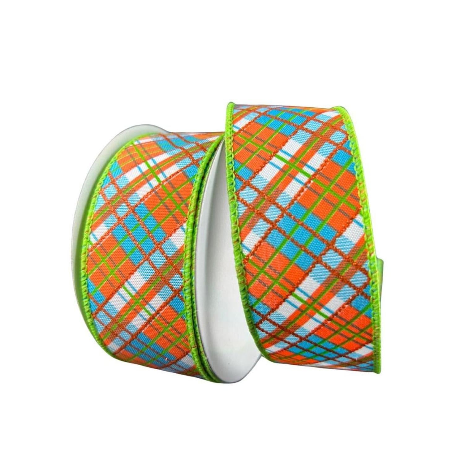 Shop For 1.5" White Satin Busy Plaid Ribbon: Teal, Lime and Orange (10 Yards) at Michelle's aDOORable Creations