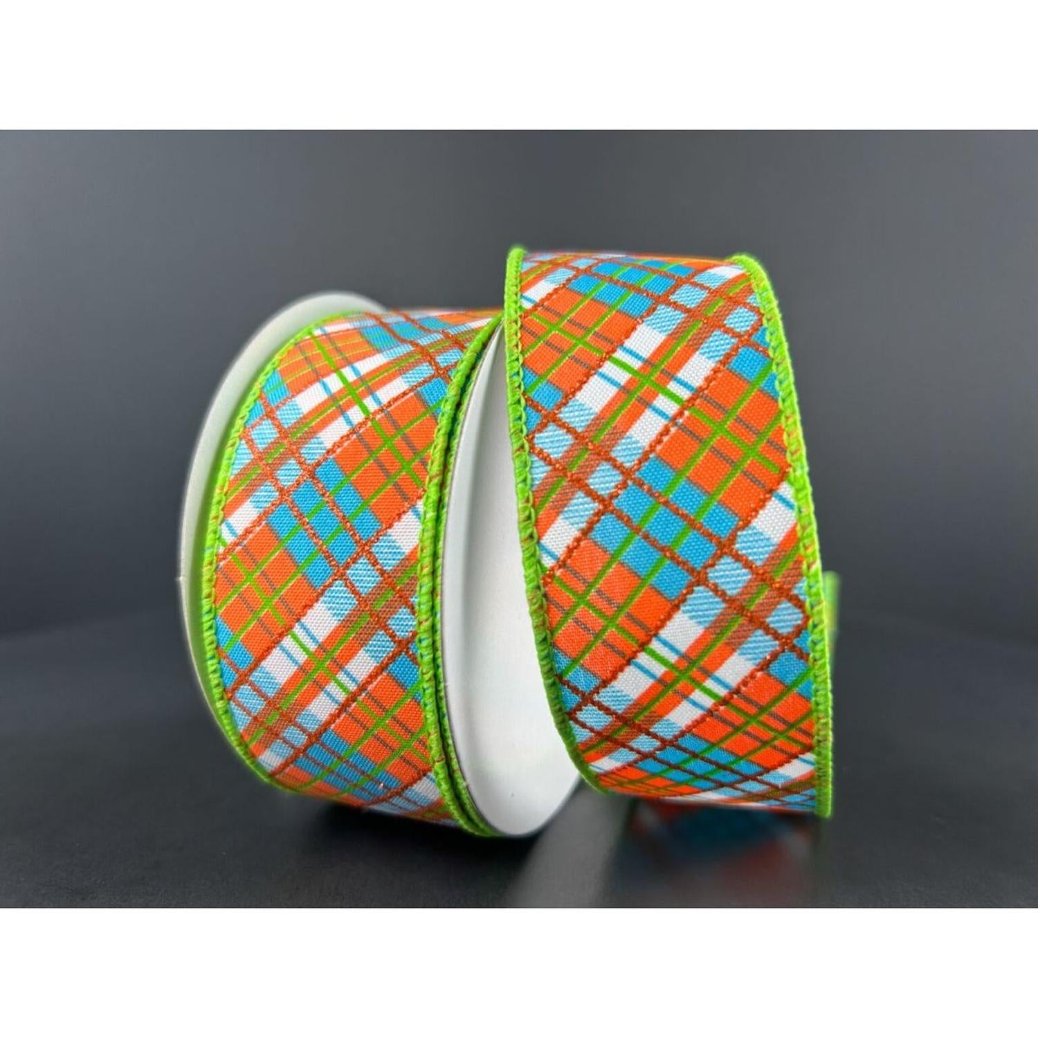 Shop For 1.5" White Satin Busy Plaid Ribbon: Teal, Lime and Orange (10 Yards) at Michelle's aDOORable Creations