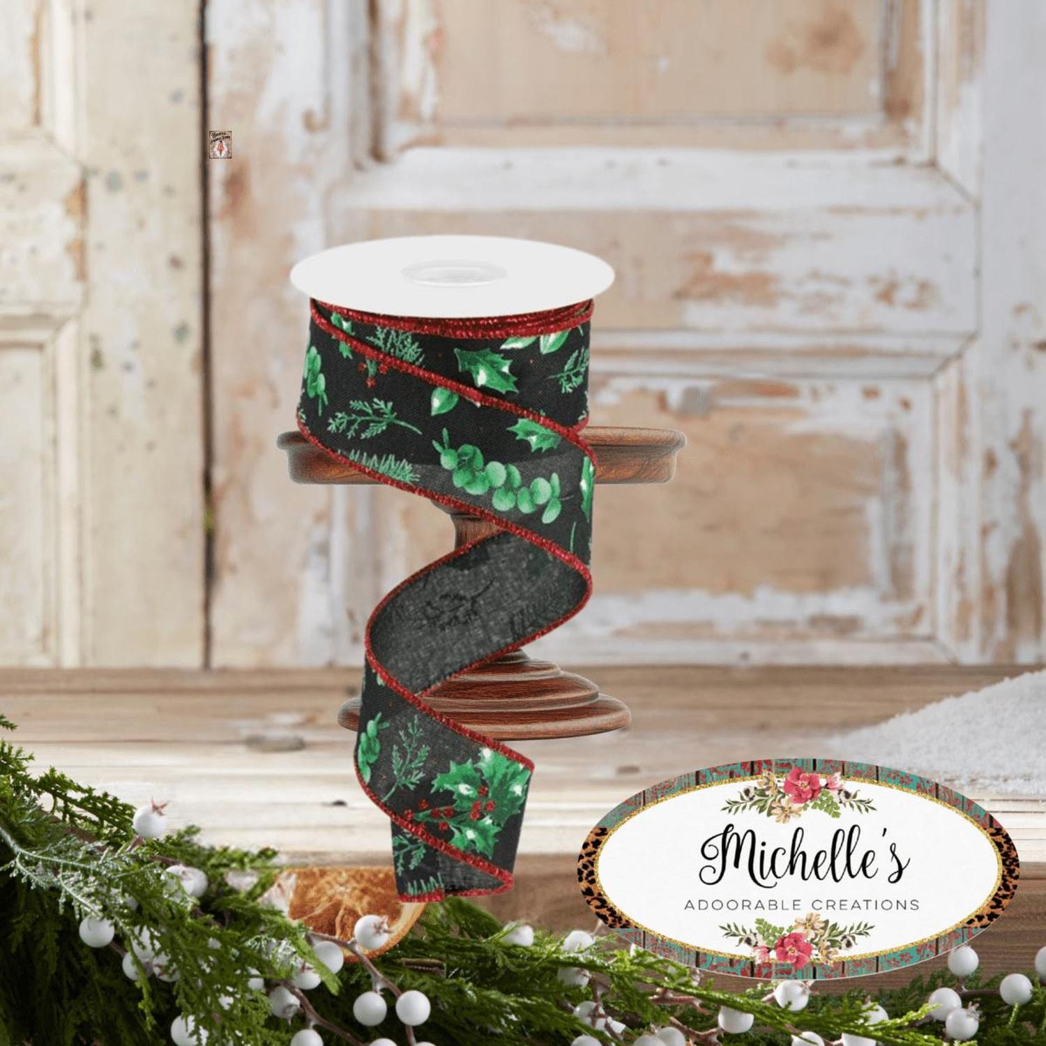 1.5" Winter Foliage Ribbon: Green (10 Yards)