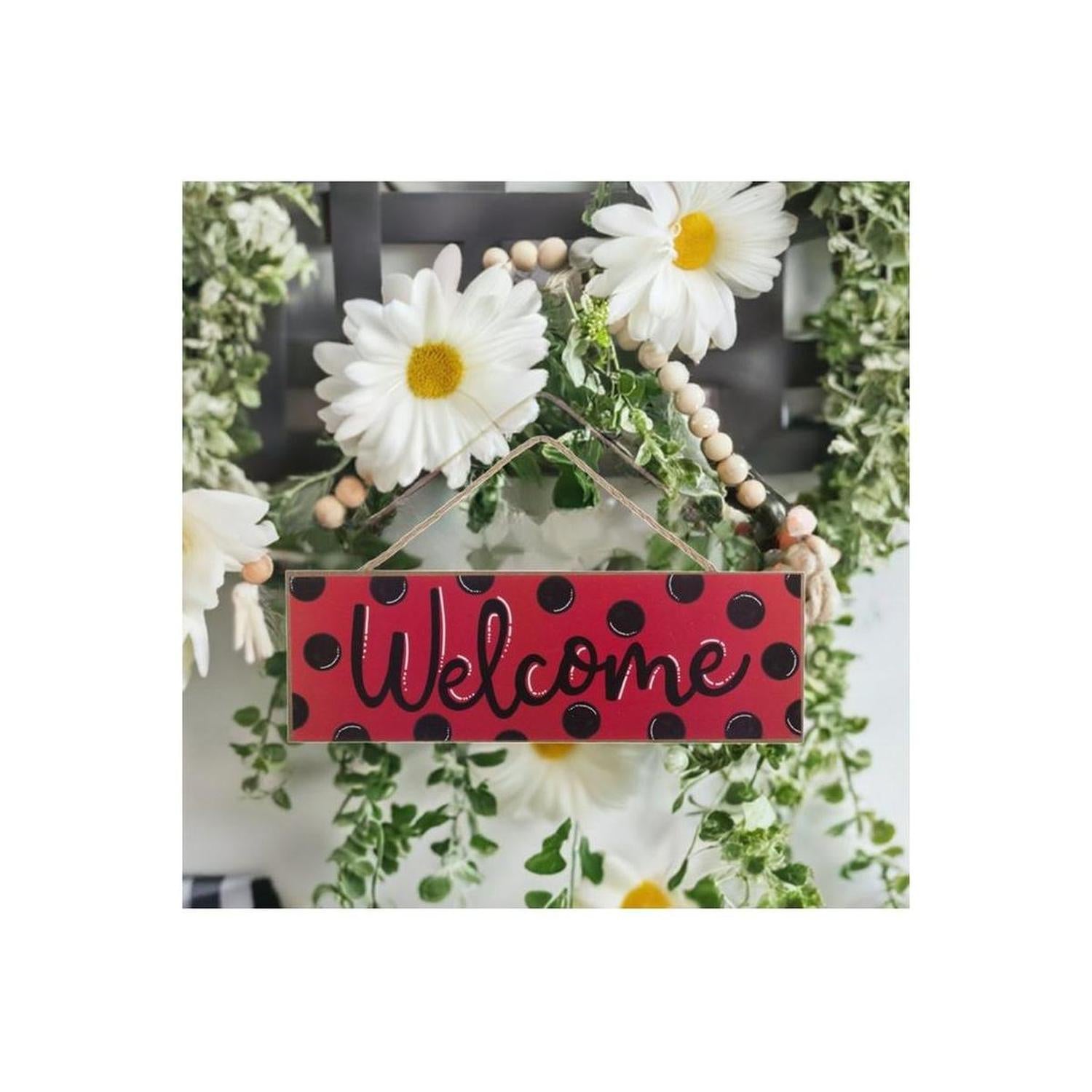15" Wooden Sign: Welcome Red, Black Dots