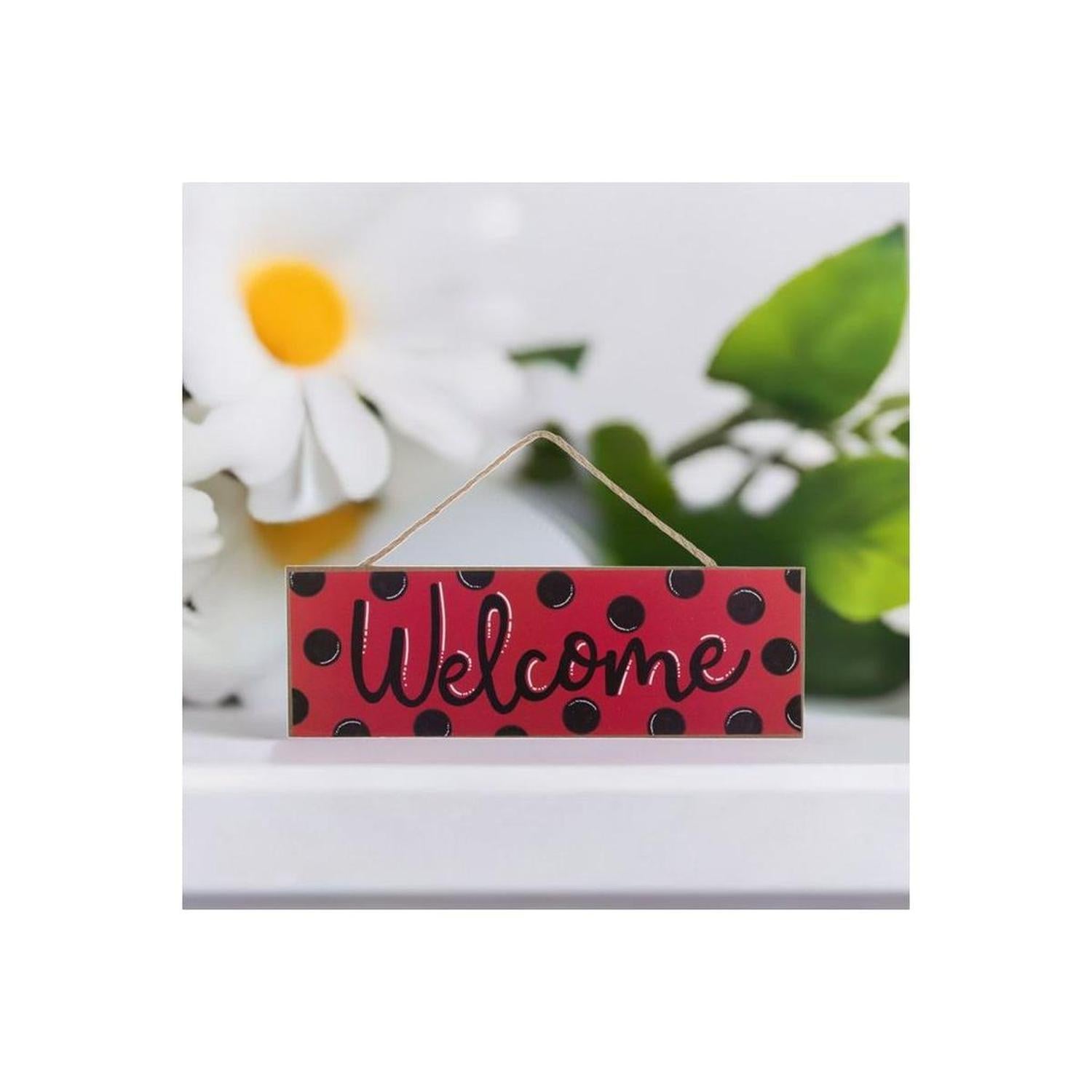 15" Wooden Sign: Welcome Red, Black Dots