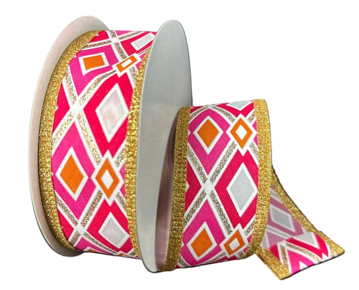 Shop For 1.5in Abstract Diamond Ribbon: Orange, Gold & Fuchsia (10 Yards)