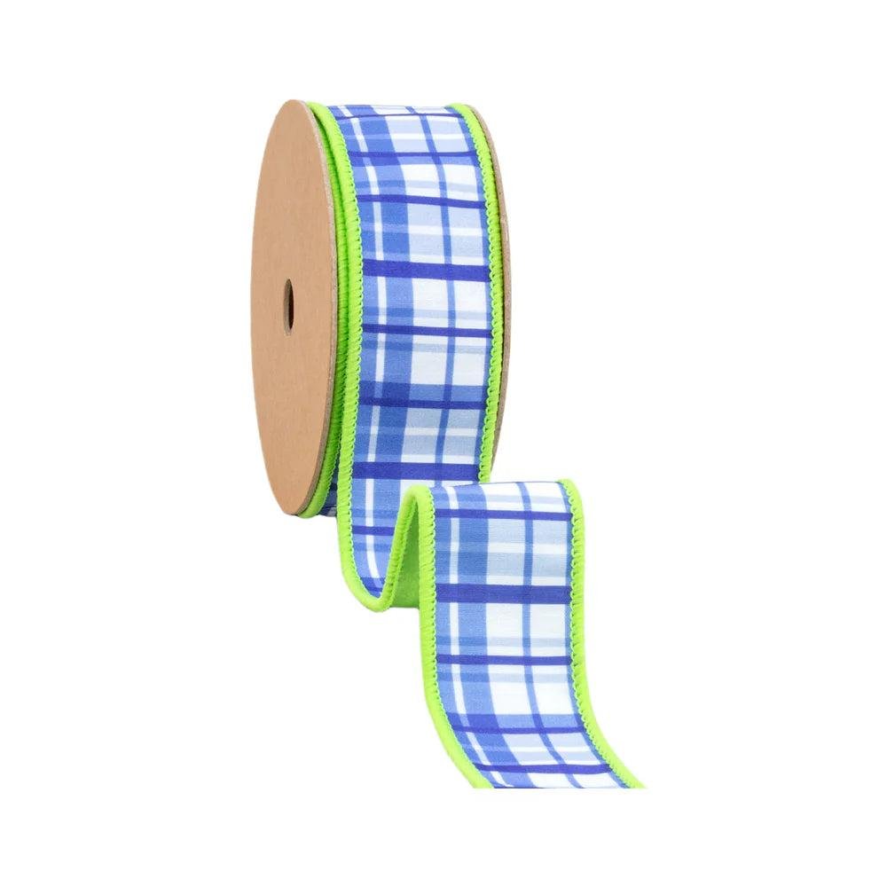 Shop For 1.5in Blue and White Plaid with Lime Green Backing Ribbon (10 Yards)