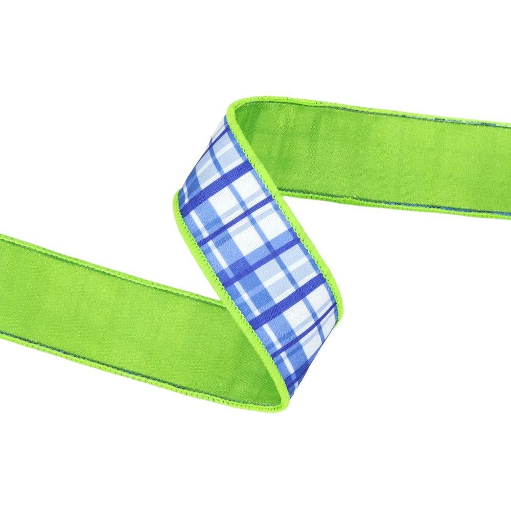 Shop For 1.5in Blue and White Plaid with Lime Green Backing Ribbon (10 Yards)