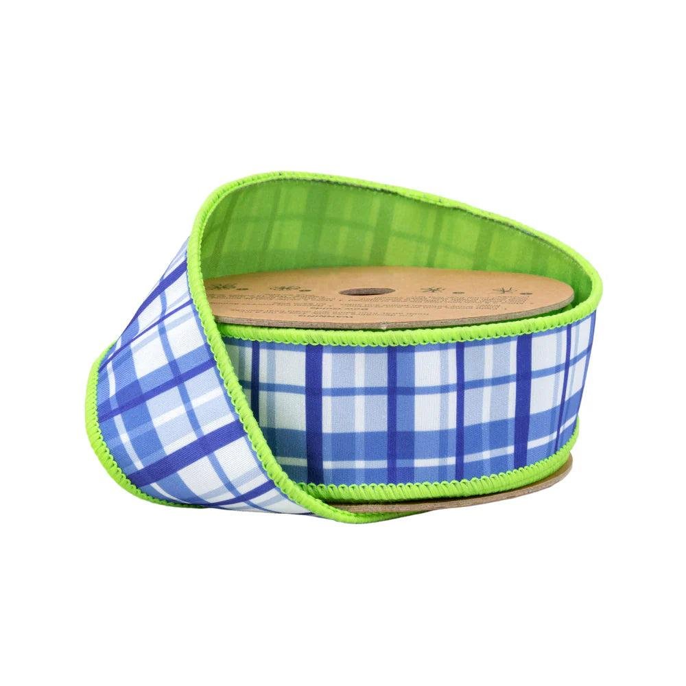 Shop For 1.5in Blue and White Plaid with Lime Green Backing Ribbon (10 Yards)
