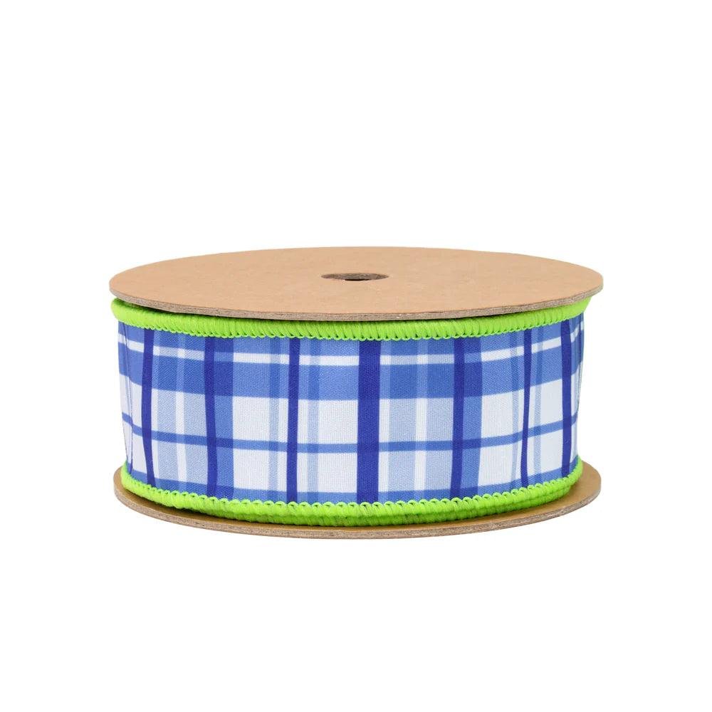 Shop For 1.5in Blue and White Plaid with Lime Green Backing Ribbon (10 Yards)