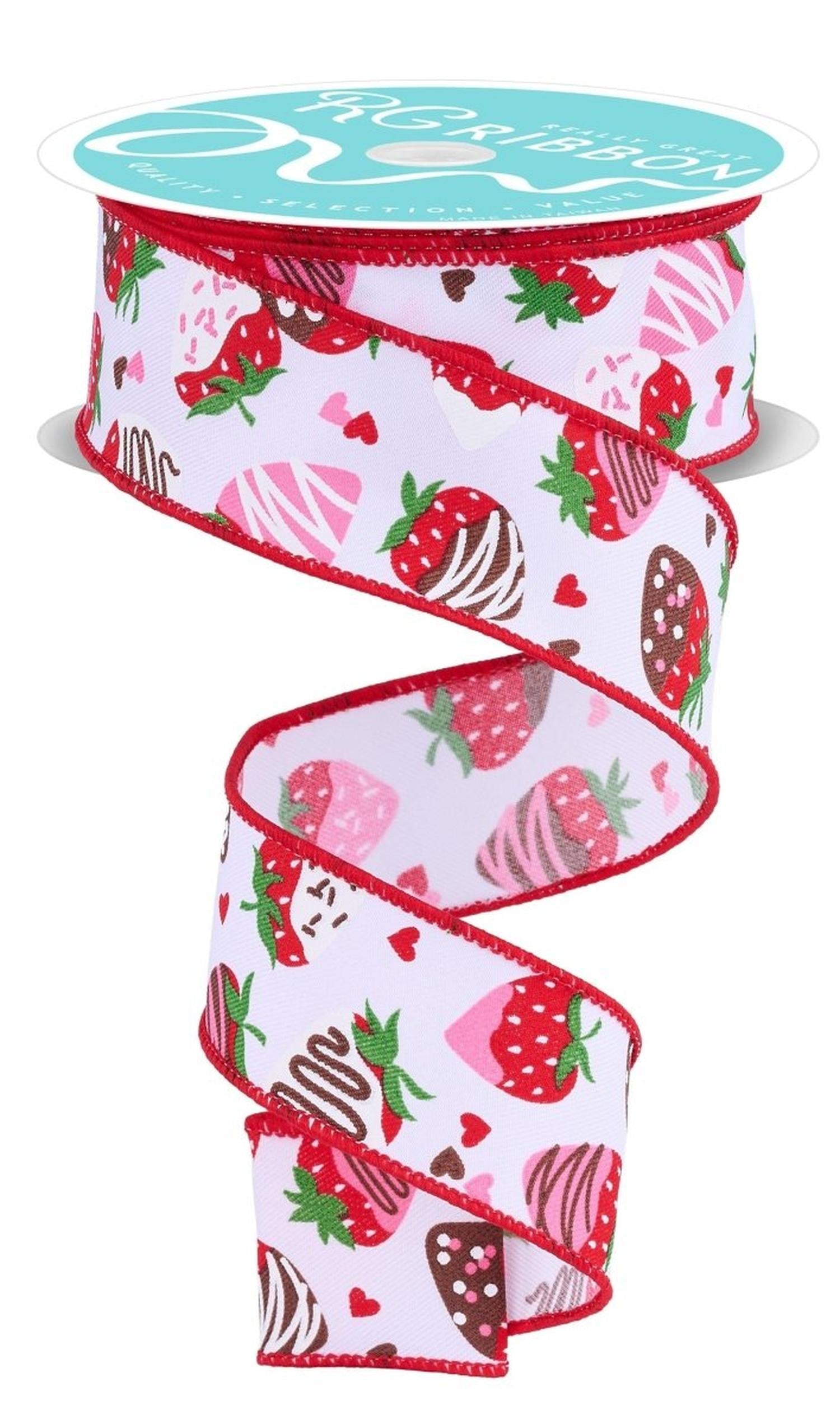 1.5in Chocolate Covered Strawberries Ribbon: White (10 Yards)