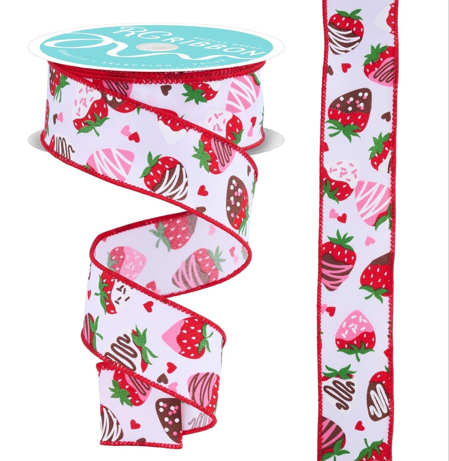 1.5in Chocolate Covered Strawberries Ribbon: White (10 Yards)