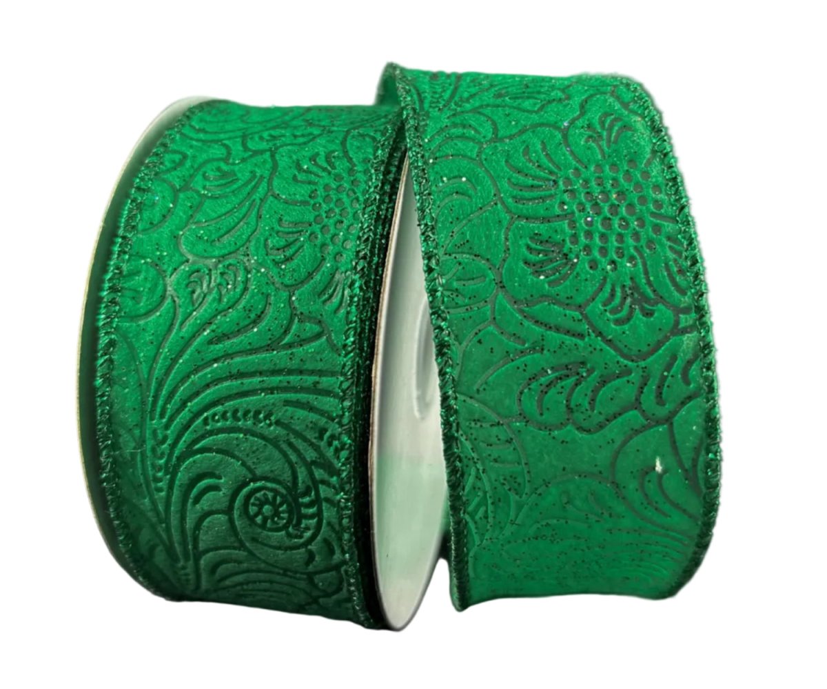 Shop For 1.5in Glitter Flower Embossed Ribbon: Emerald Green (10 Yards)