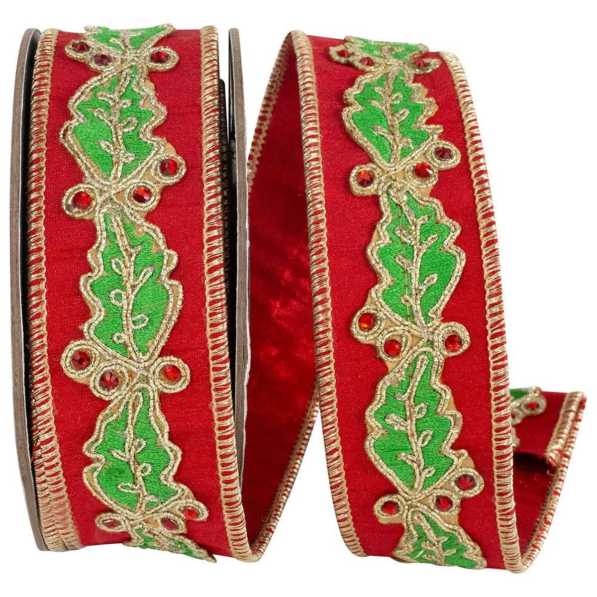 Shop For 1.5in Holly Leaf Jewel Embroidery Ribbon: Red/Green (5 Yards)