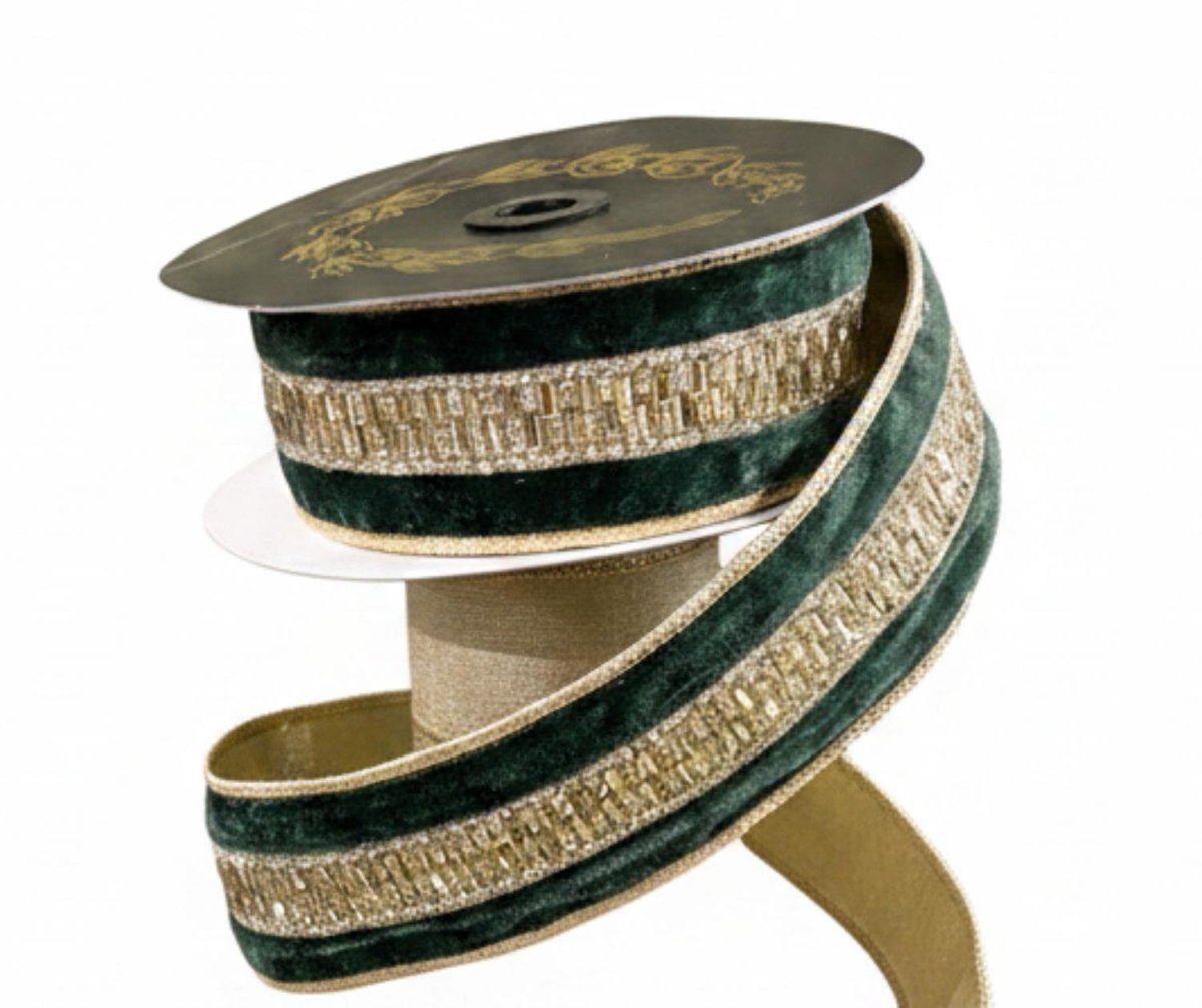Shop For 1.5in JME Velvet Jeweled Center Trim Ribbon: Green (5 Yards)